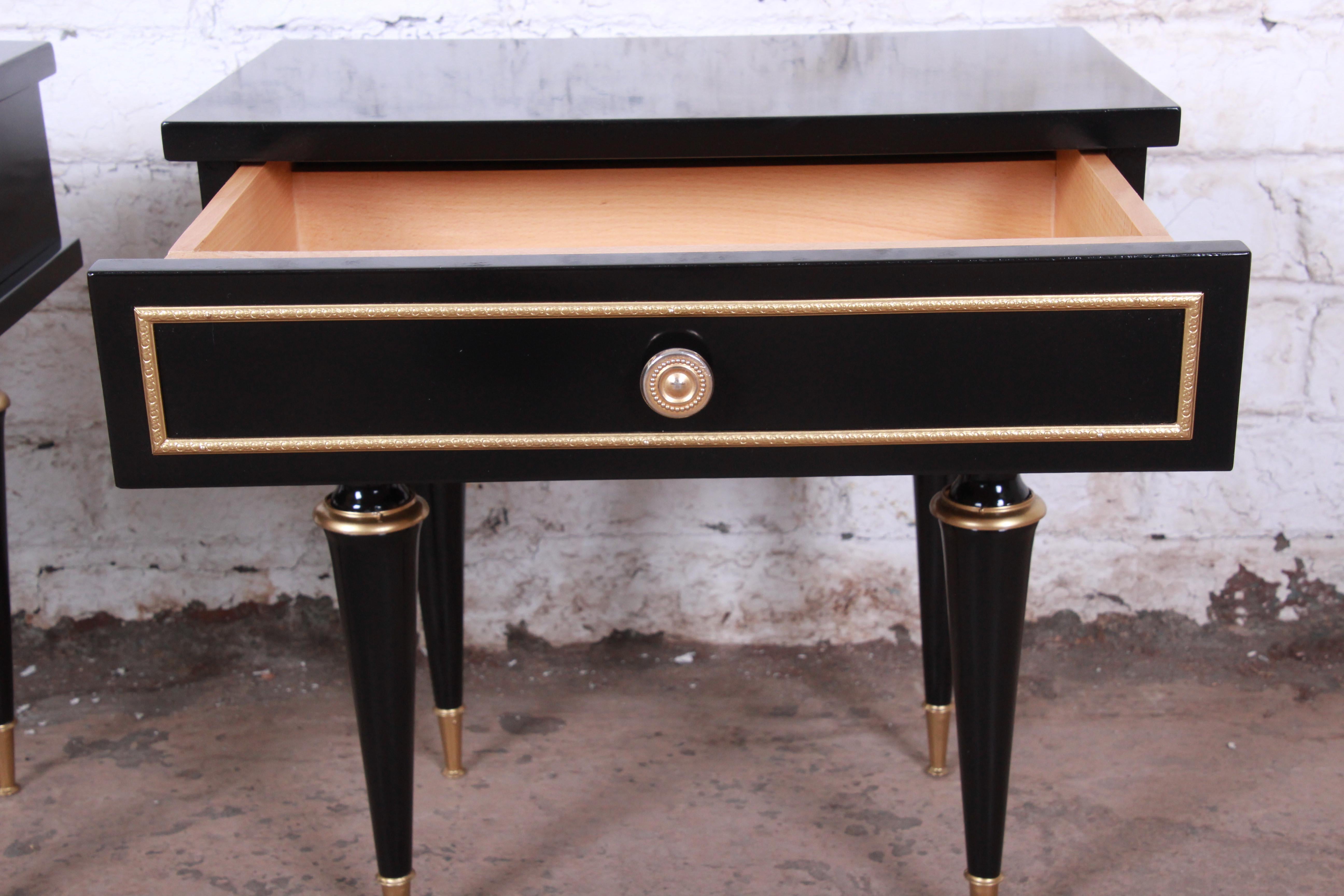 French Midcentury Ebonized Wood and Brass Nightstands or End Tables, Pair 4