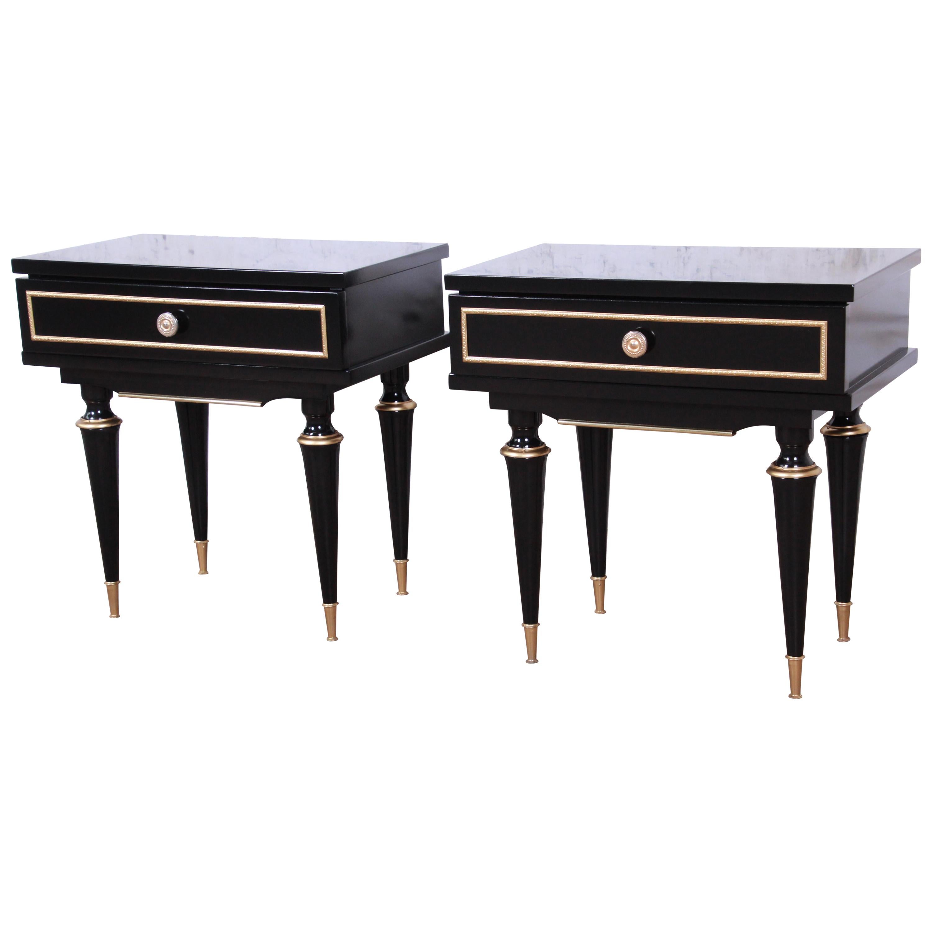 French Midcentury Ebonized Wood and Brass Nightstands or End Tables, Pair