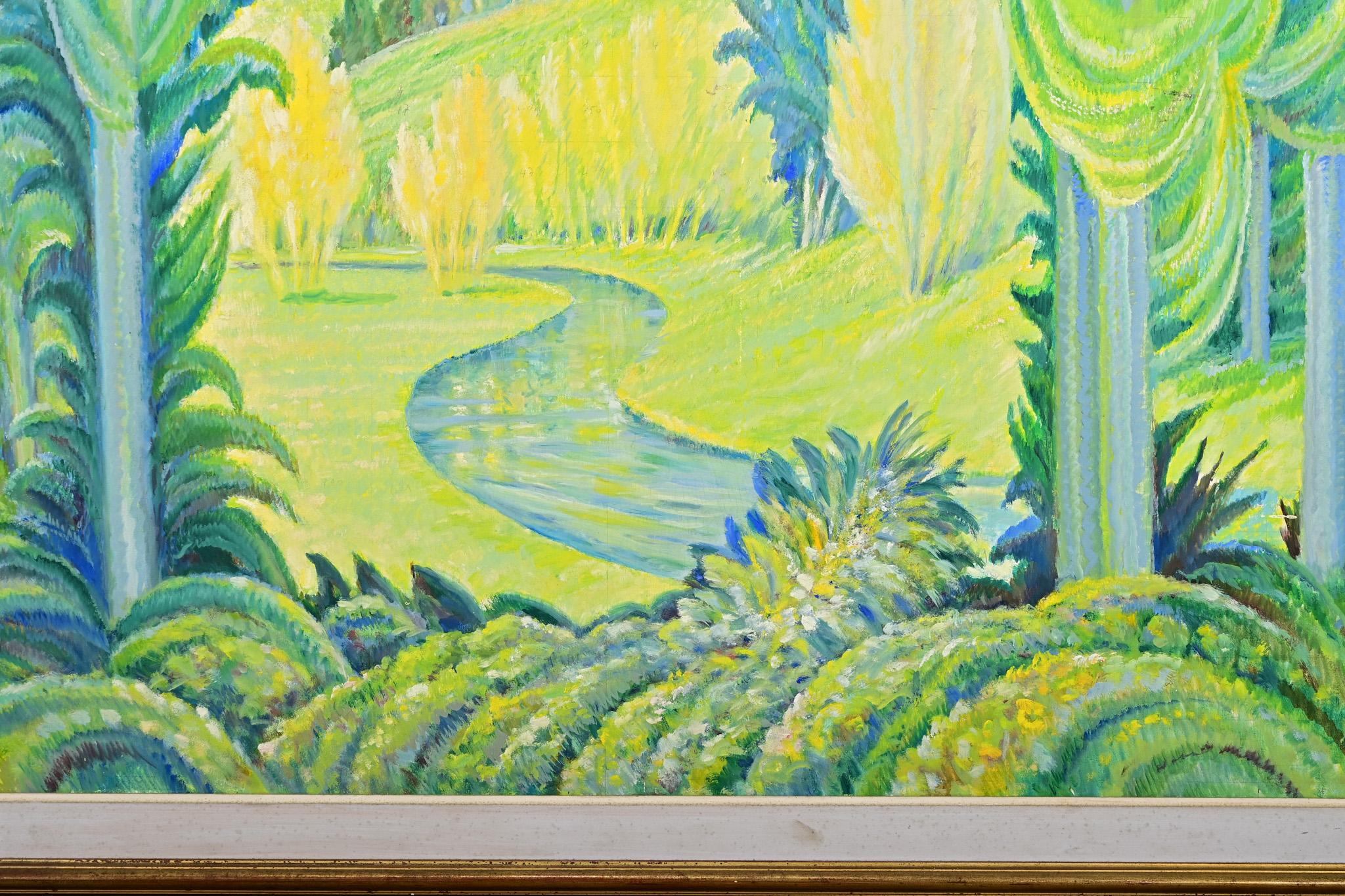 Französisch Mid Century Elektrische Landschaft Gemälde in vergoldeten Rahmen im Angebot 3