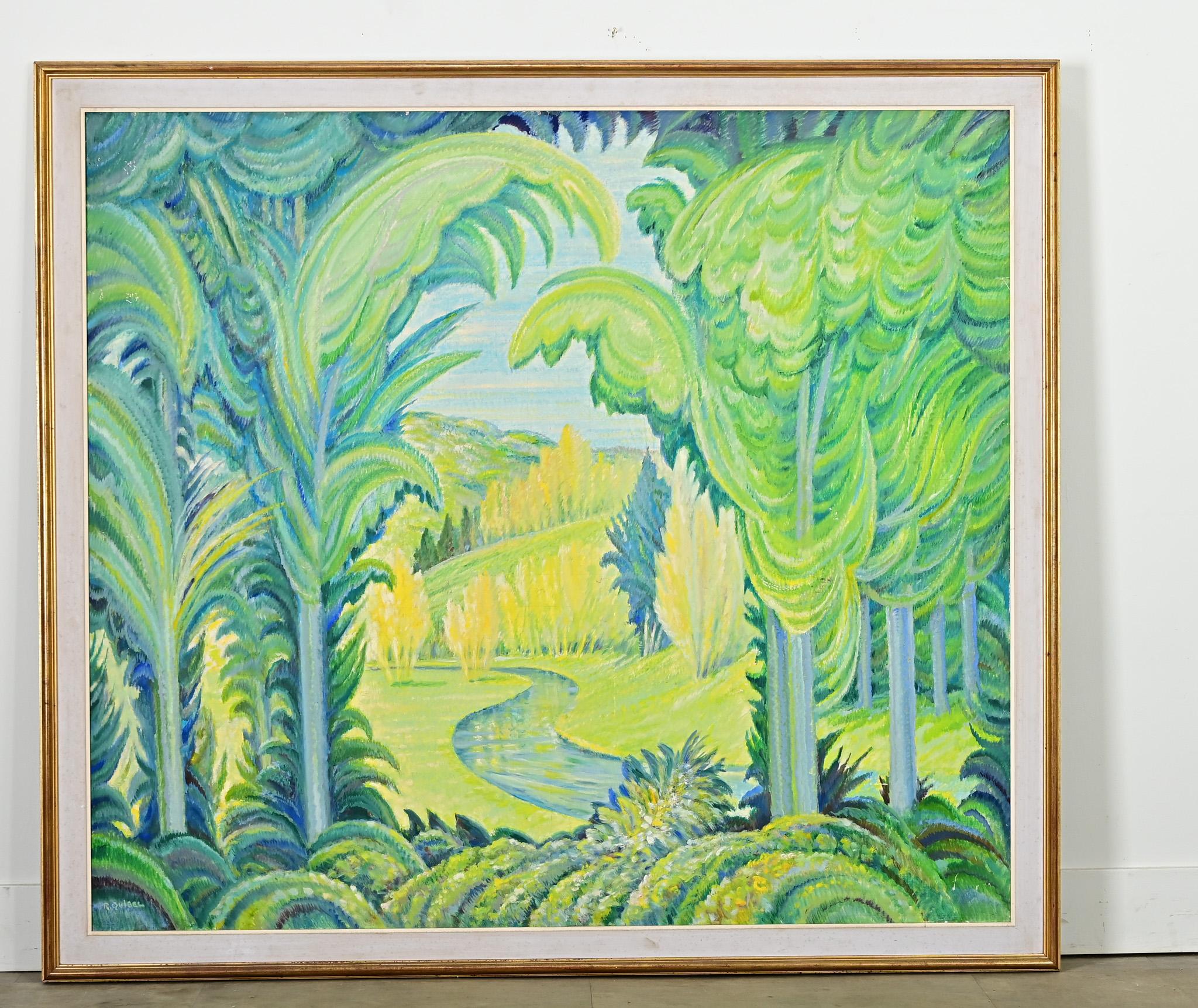Dieses großformatige französische Gemälde von Raymond Quibel aus der Mitte des 20. Jahrhunderts (wahrscheinlich Gouache) zieht den Betrachter in eine fantastische Landschaft mit kräftigen Blau- und Grüntönen, die der üppigen Landschaft Lebendigkeit