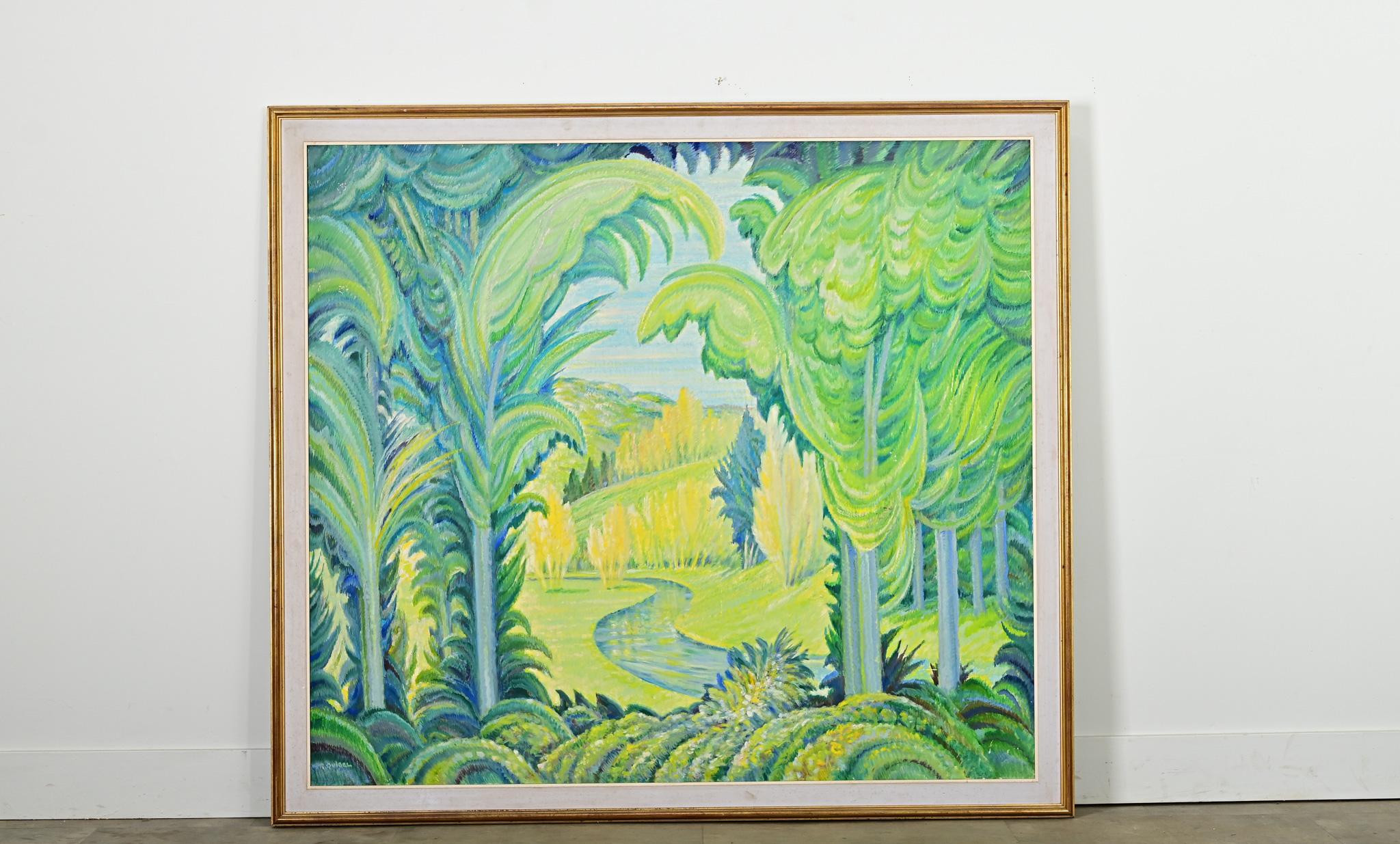 Französisch Mid Century Elektrische Landschaft Gemälde in vergoldeten Rahmen (Moderne) im Angebot
