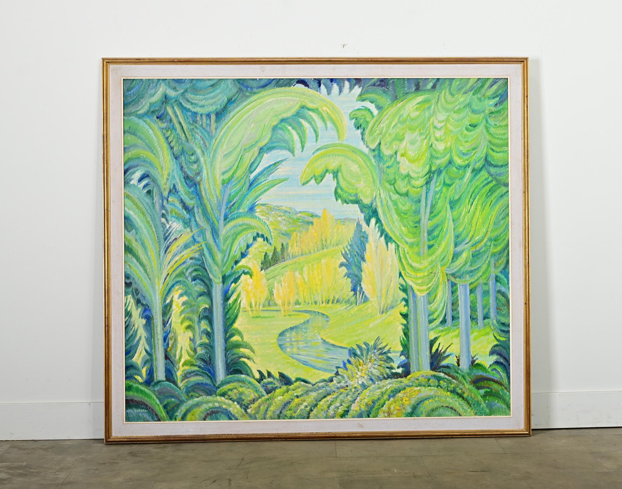 Französisch Mid Century Elektrische Landschaft Gemälde in vergoldeten Rahmen (Gemalt) im Angebot