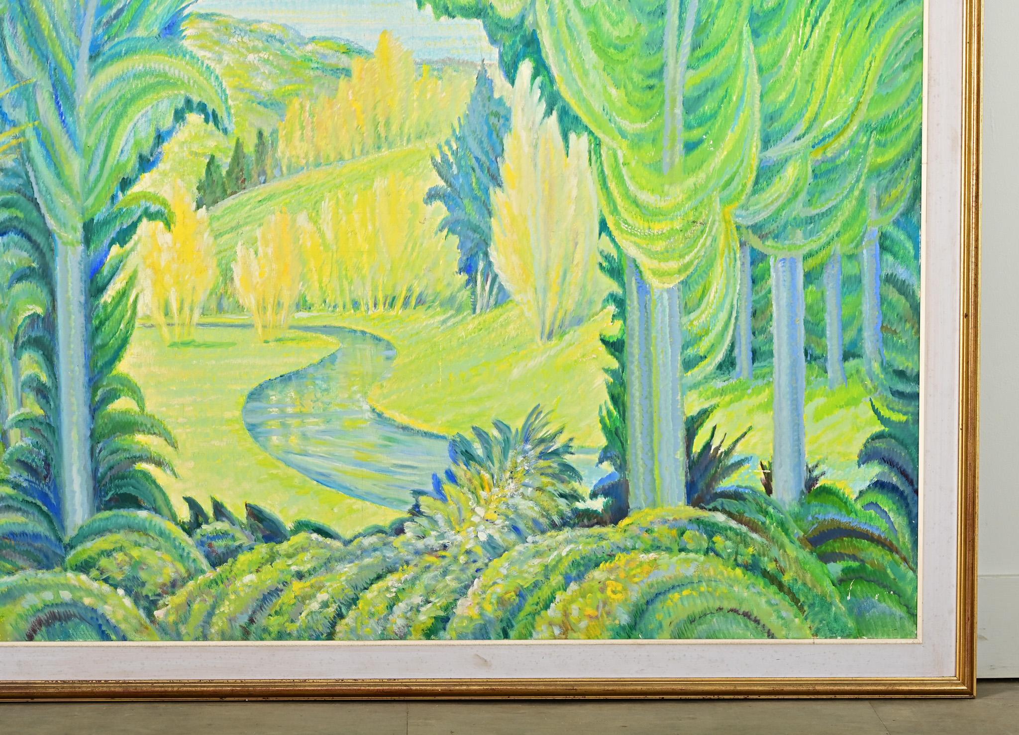 Französisch Mid Century Elektrische Landschaft Gemälde in vergoldeten Rahmen im Zustand „Gut“ im Angebot in Baton Rouge, LA
