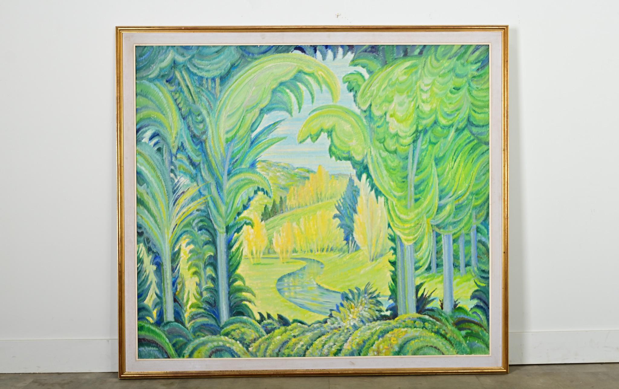 Französisch Mid Century Elektrische Landschaft Gemälde in vergoldeten Rahmen (20. Jahrhundert) im Angebot