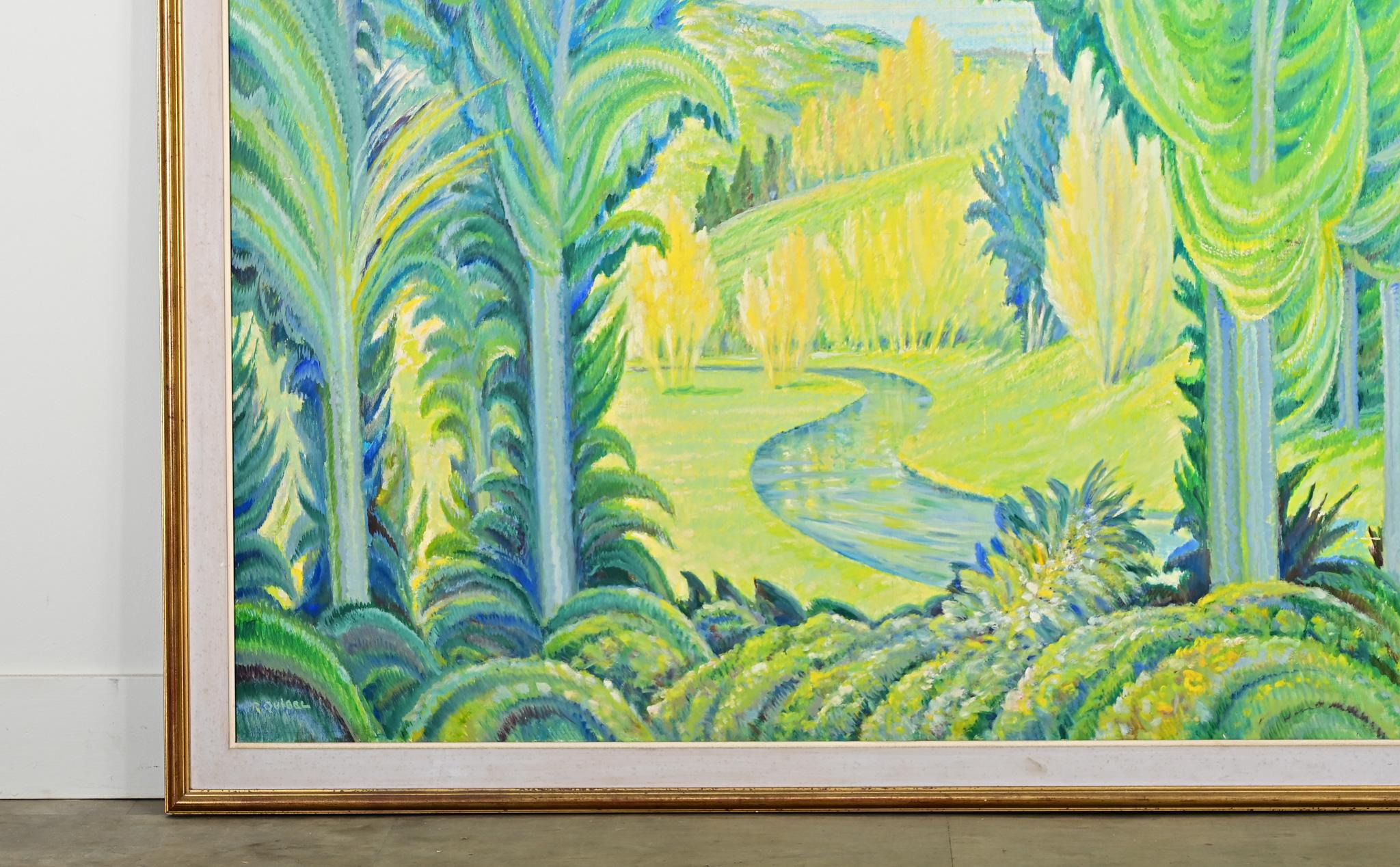 Französisch Mid Century Elektrische Landschaft Gemälde in vergoldeten Rahmen (Gold) im Angebot