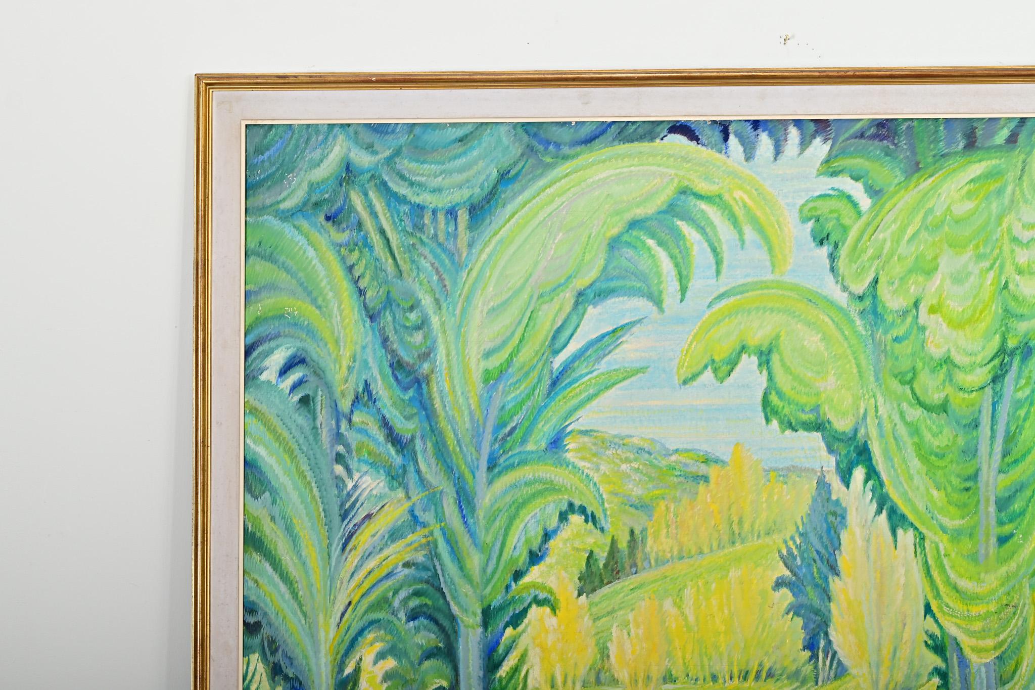 Französisch Mid Century Elektrische Landschaft Gemälde in vergoldeten Rahmen im Angebot 1