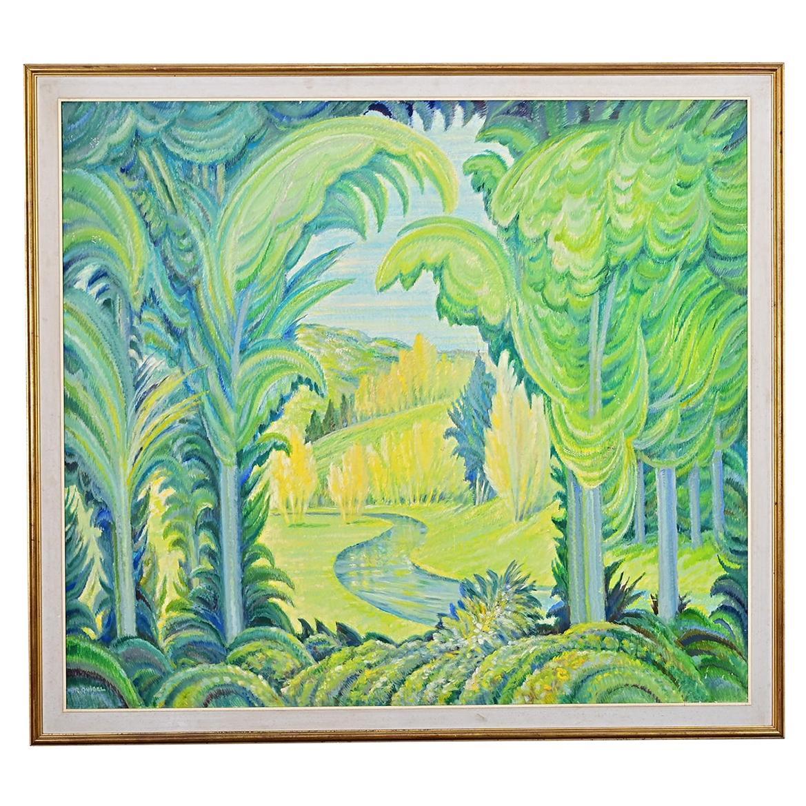 Französisch Mid Century Elektrische Landschaft Gemälde in vergoldeten Rahmen im Angebot