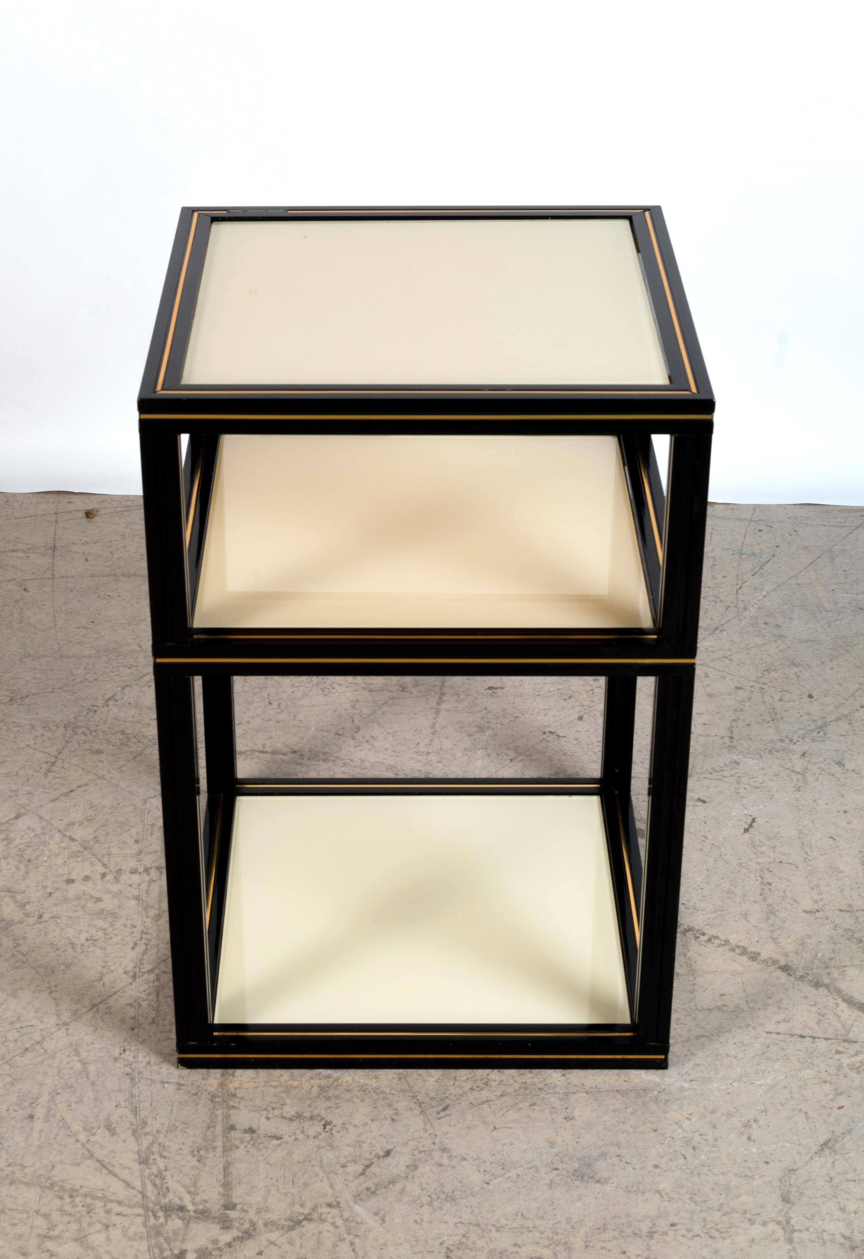 French mid-century Etagere lacquered side table By Pierre Vandel, Paris C.1970

Black lacquered aluminium frame with cream opaque glass. 
Signed Pierre Vandel, Paris.
In excellent vintage condition.