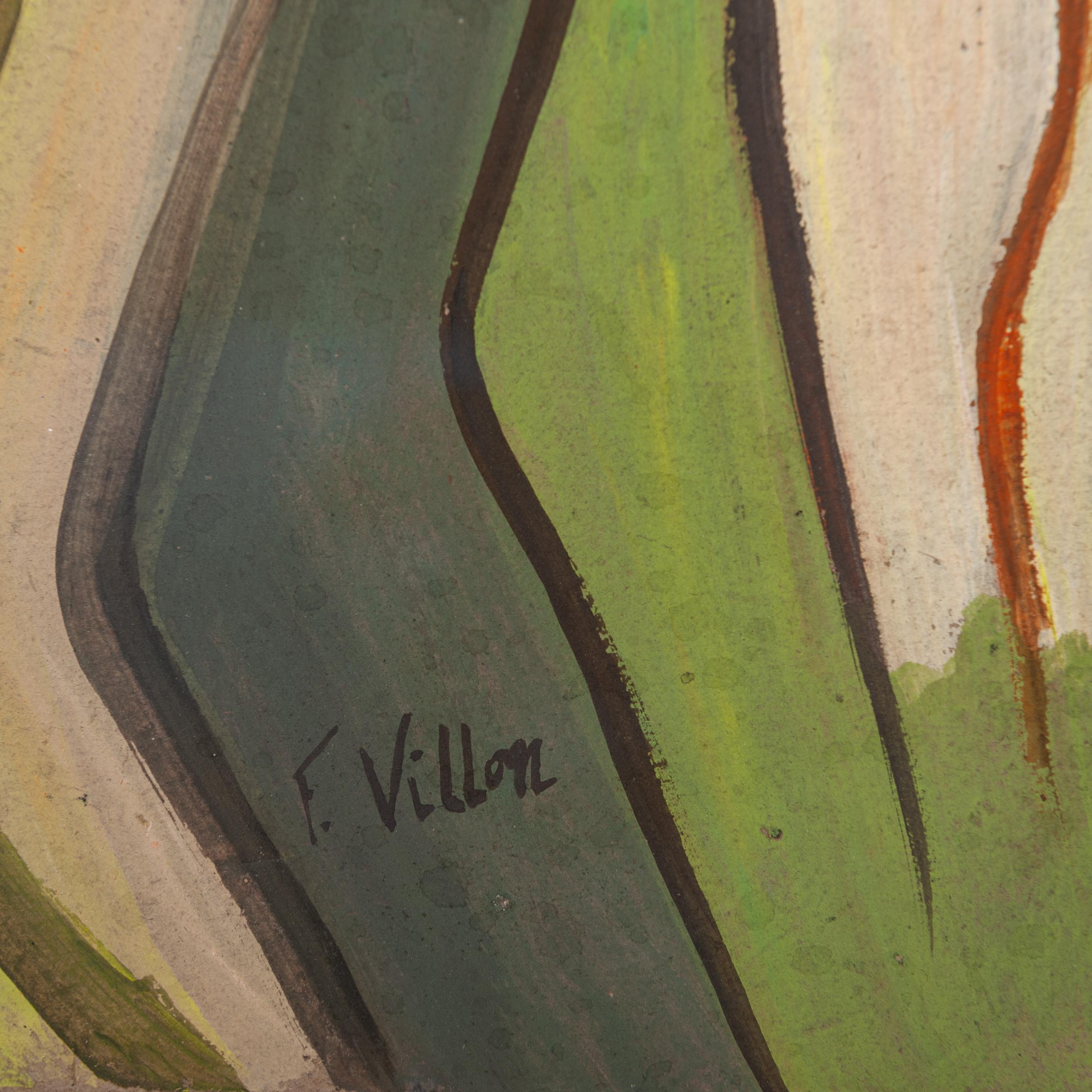 Mid-Century Modern French Mid-Century Expressionist Gouache-Painting Green-Amber by Francois Villon