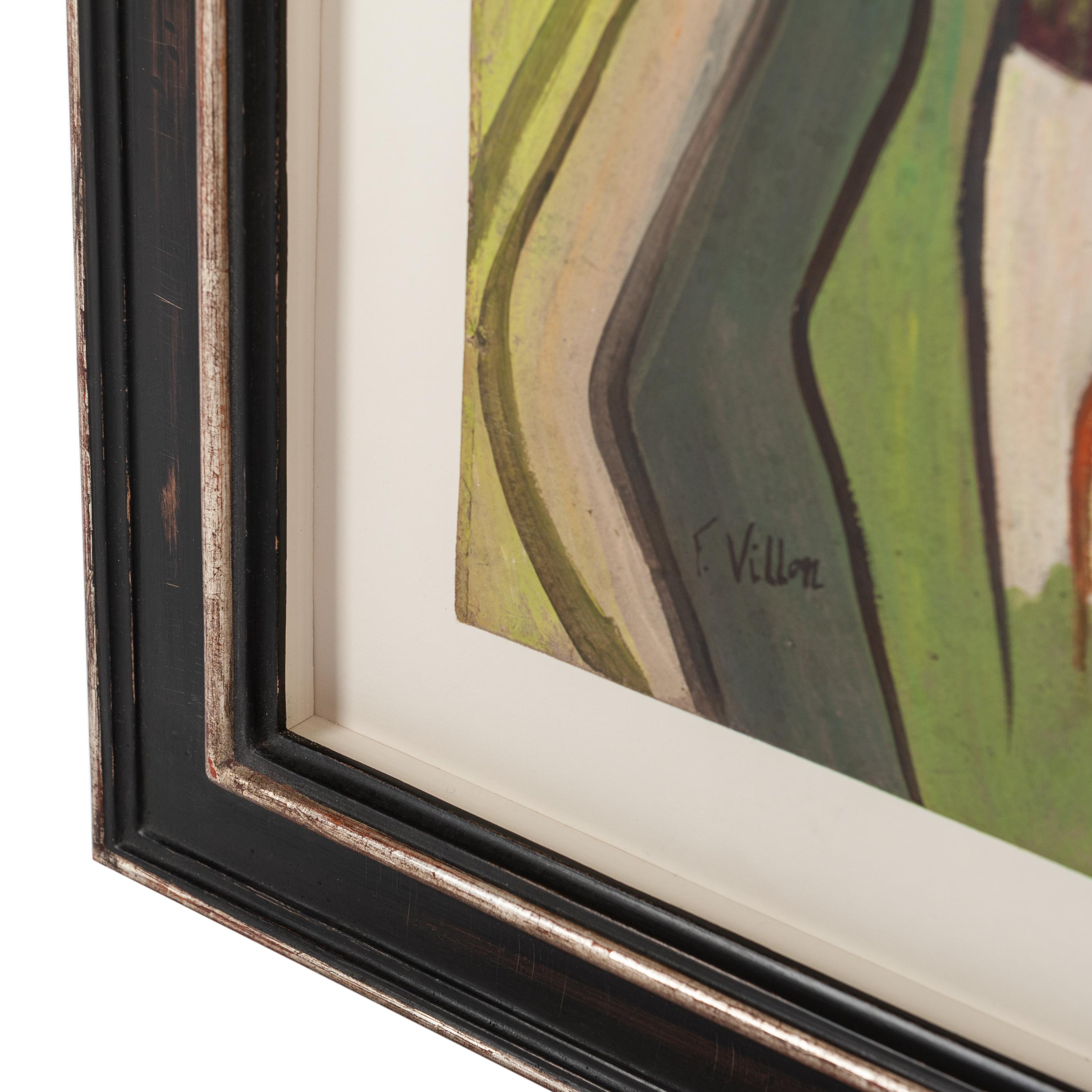 Gilt French Mid-Century Expressionist Gouache-Painting Green-Amber by Francois Villon