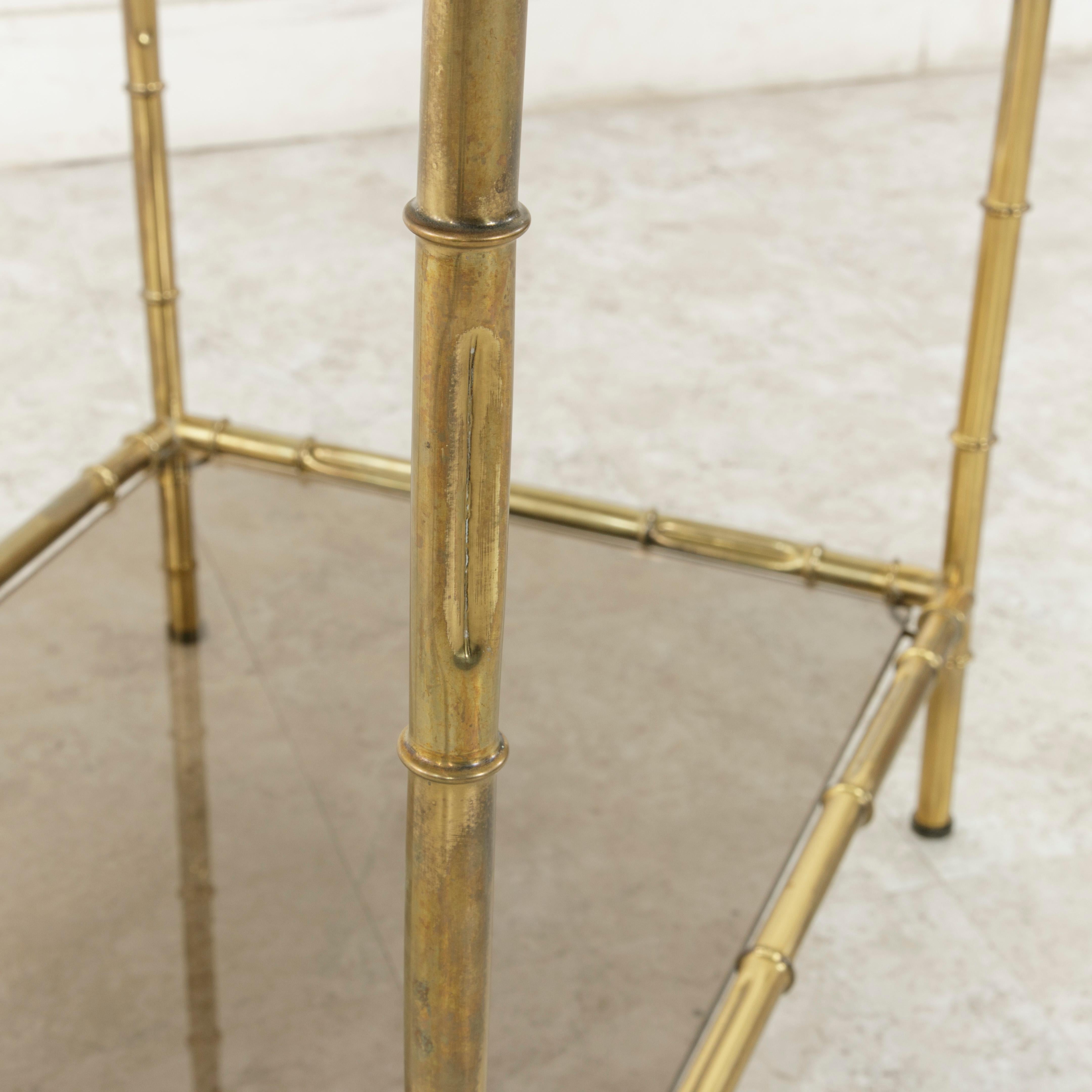 French Midcentury Faux Bamboo Brass Side Table with Smoked Glass Shelves 6