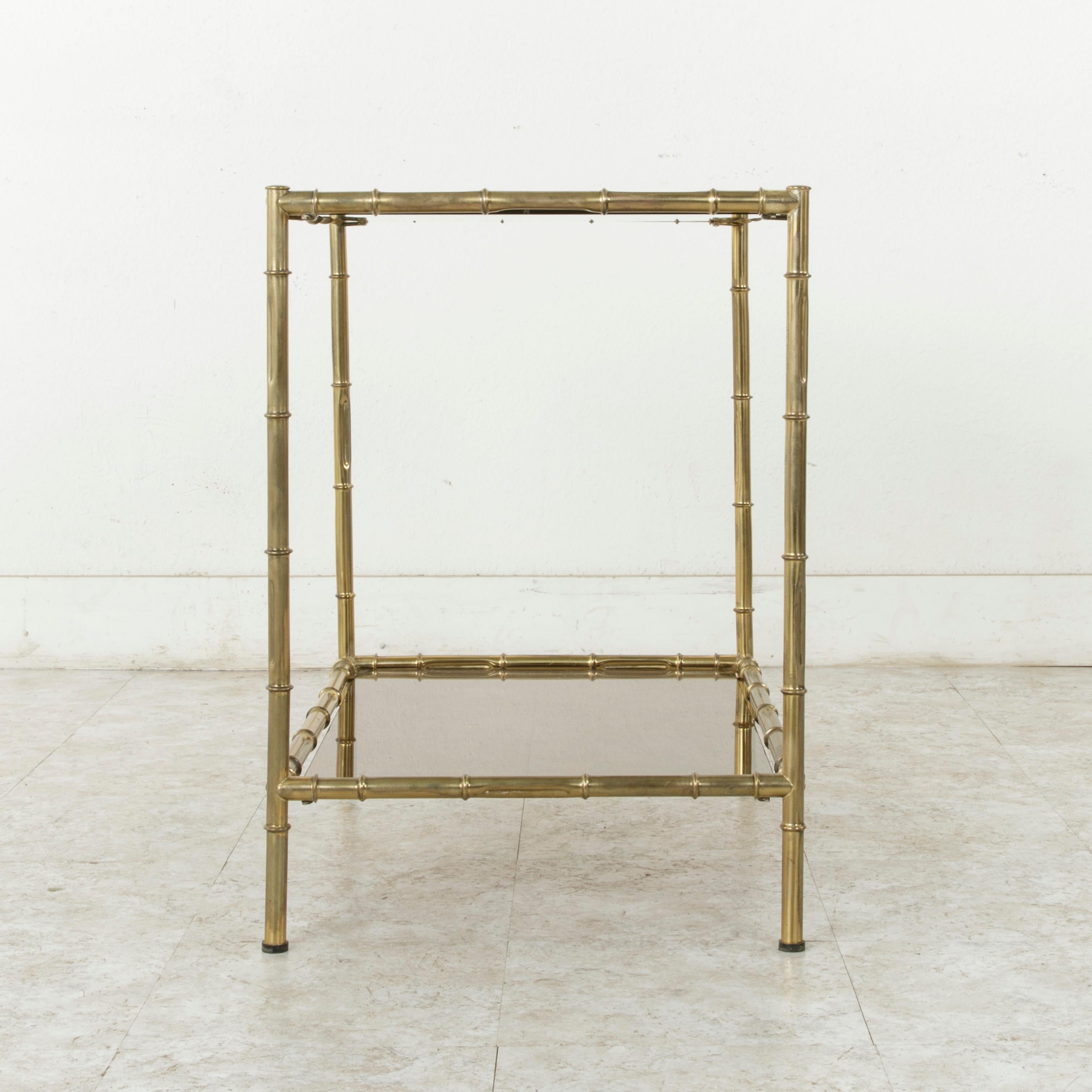 Mid-Century Modern French Midcentury Faux Bamboo Brass Side Table with Smoked Glass Shelves