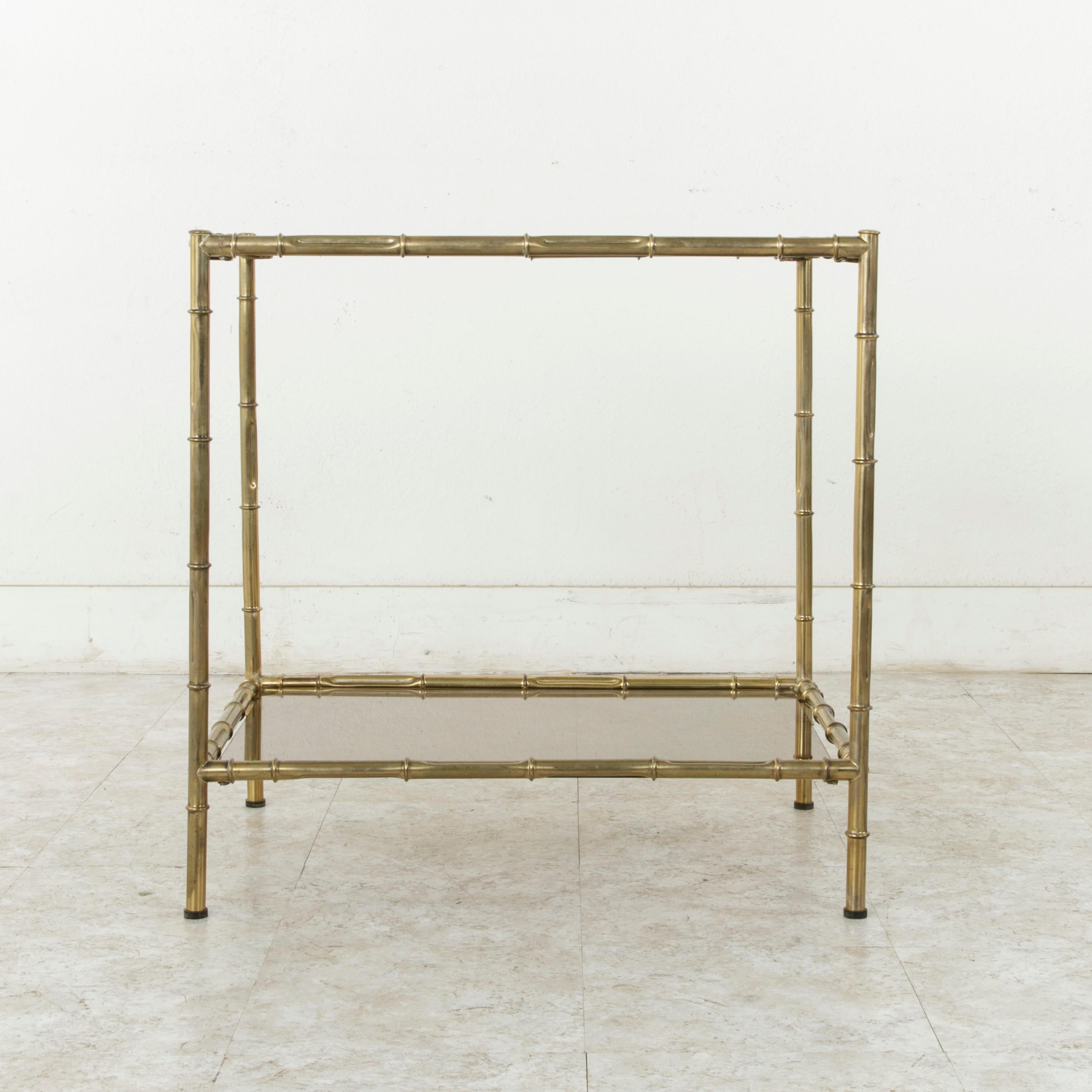 French Midcentury Faux Bamboo Brass Side Table with Smoked Glass Shelves In Good Condition In Fayetteville, AR