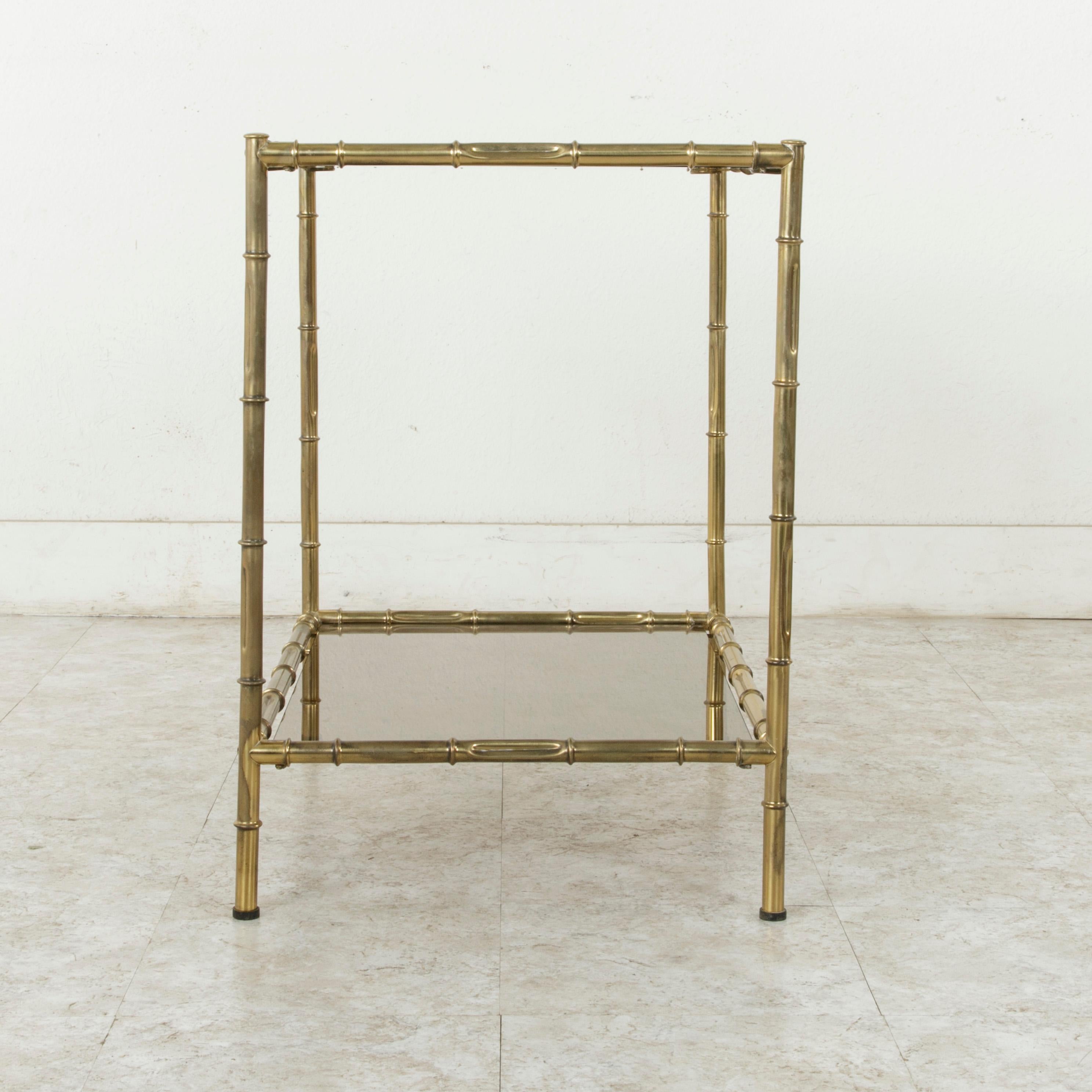20th Century French Midcentury Faux Bamboo Brass Side Table with Smoked Glass Shelves