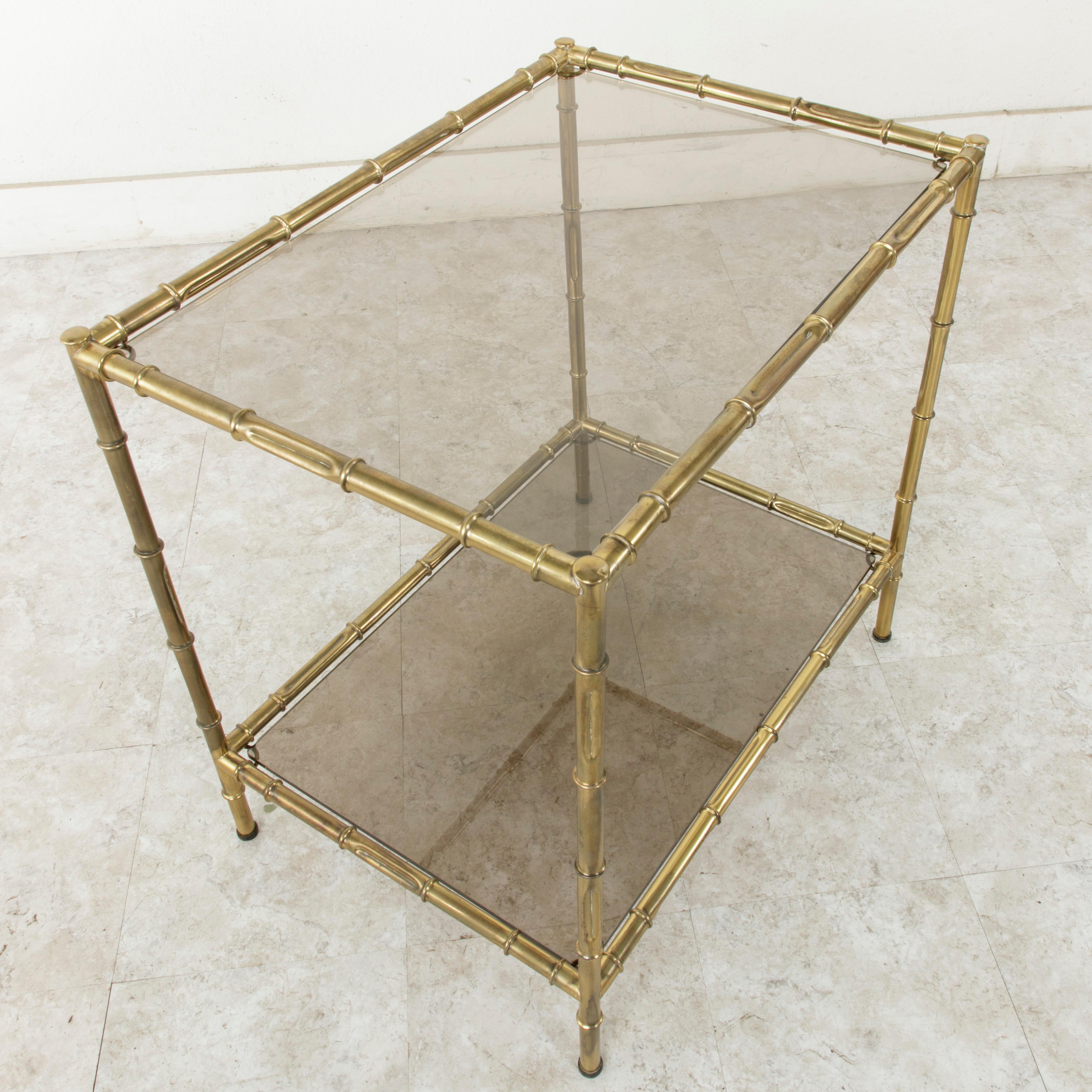 French Midcentury Faux Bamboo Brass Side Table with Smoked Glass Shelves 1