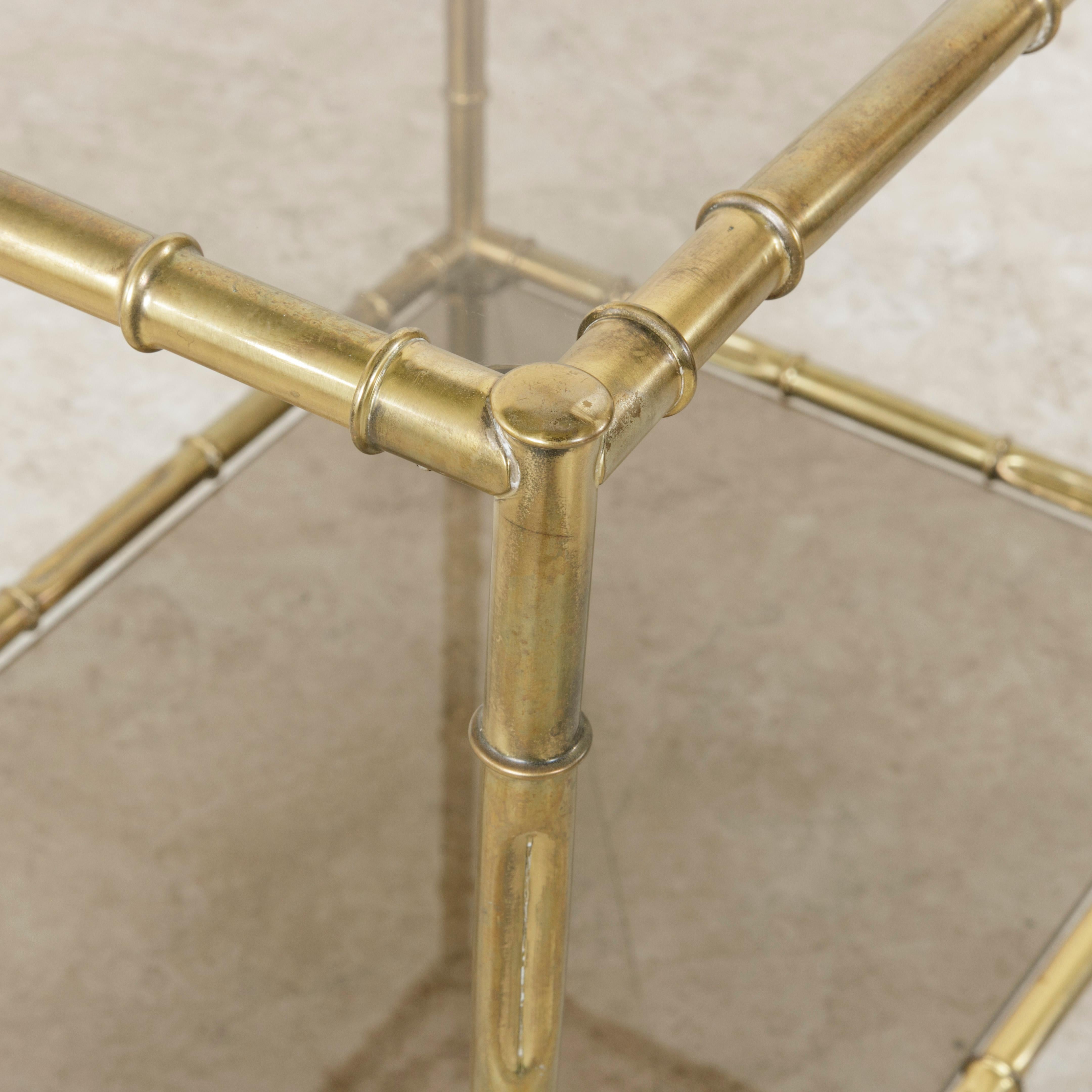 French Midcentury Faux Bamboo Brass Side Table with Smoked Glass Shelves 3