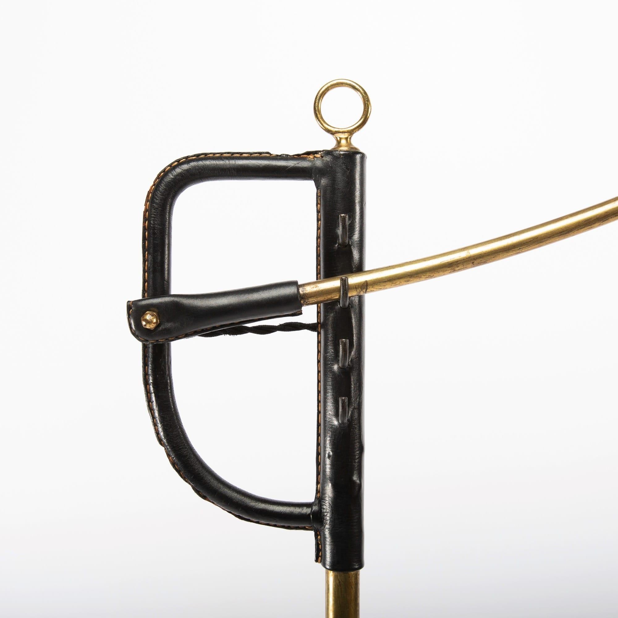 Mid-Century Modern French Midcentury Floor Lamp Jacques Adnet, Steel, Black Leather, Brass