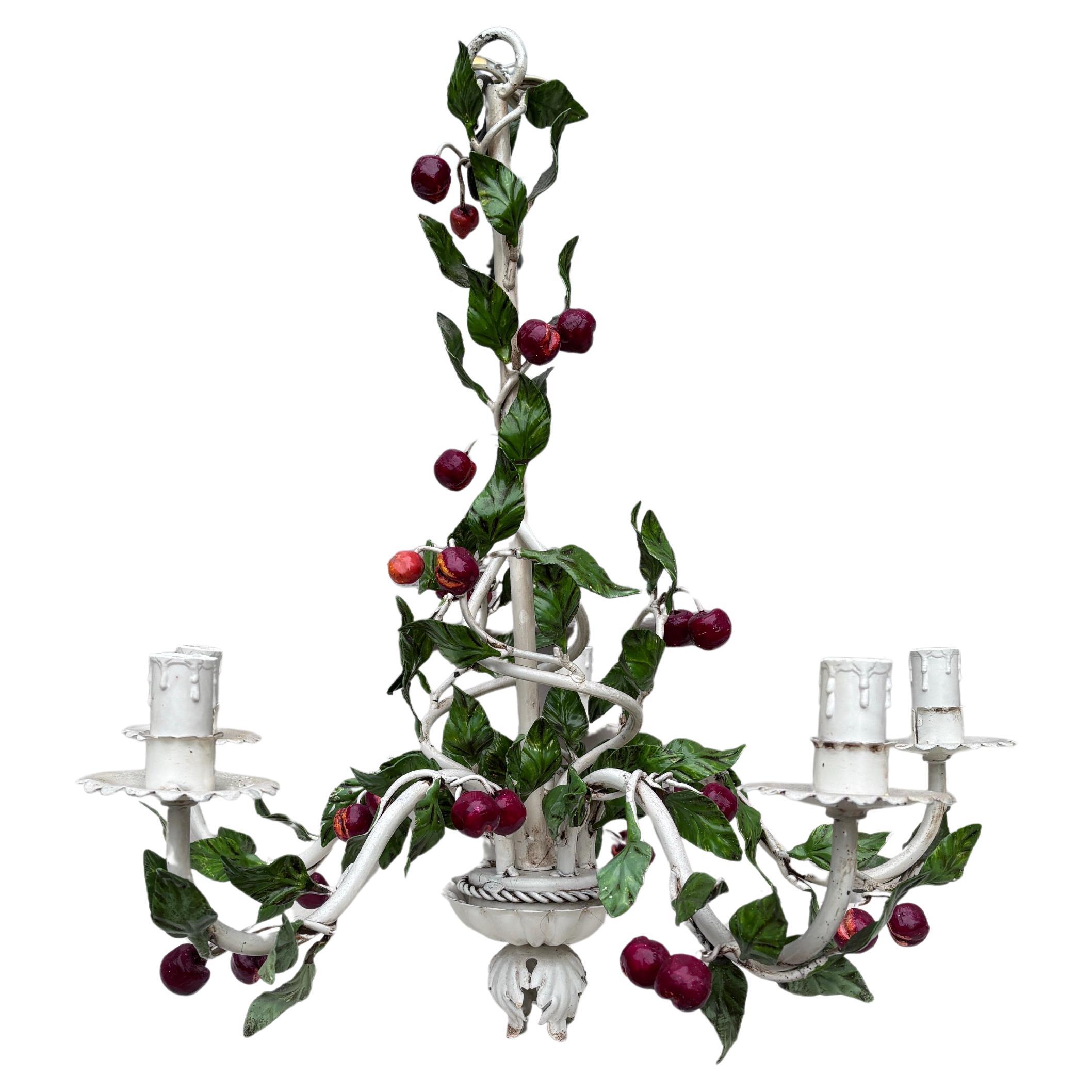French Mid-Century French Cherries Tole Chandelier