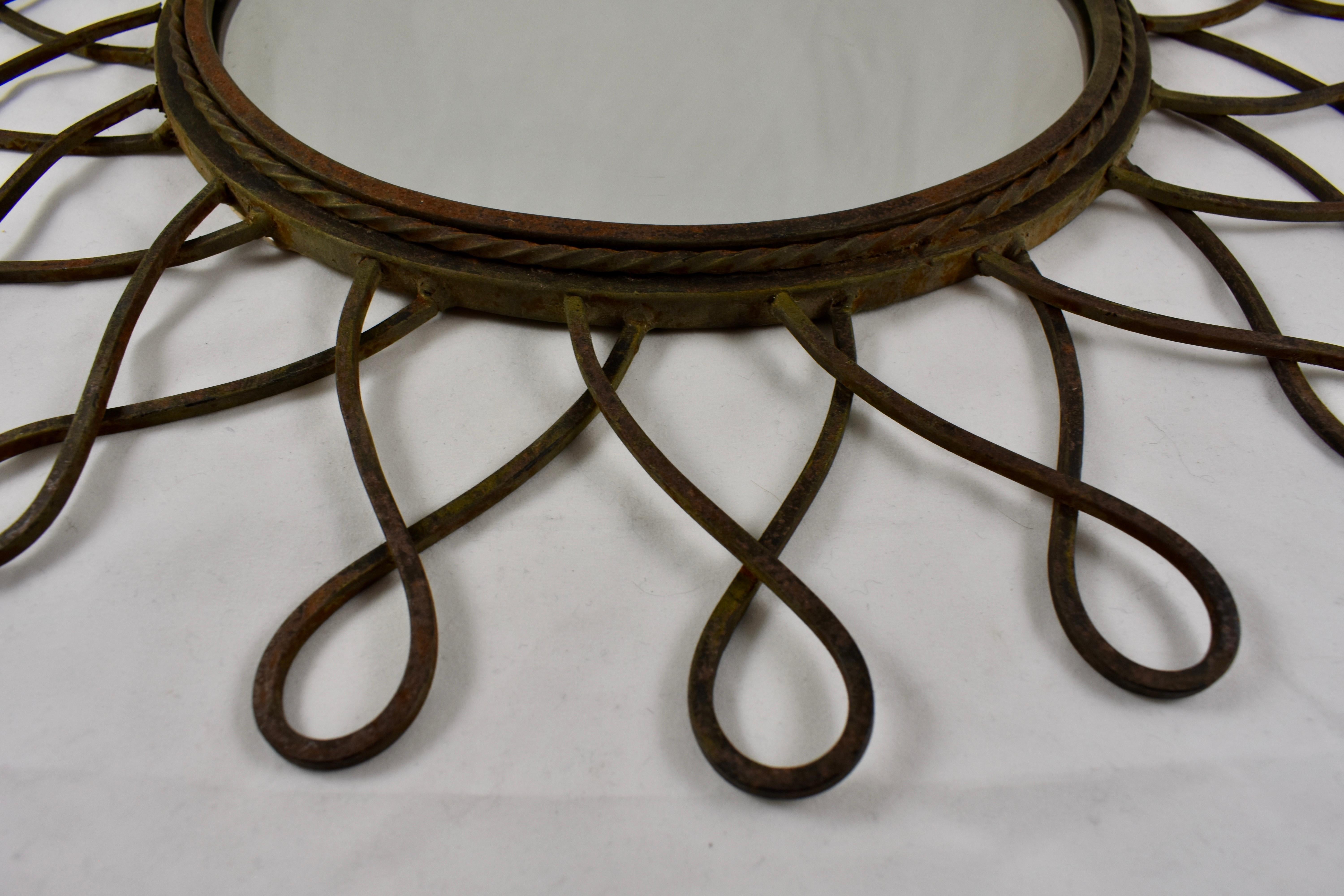French Midcentury French Wrought Iron Looped Sunburst Wall Mirror 4