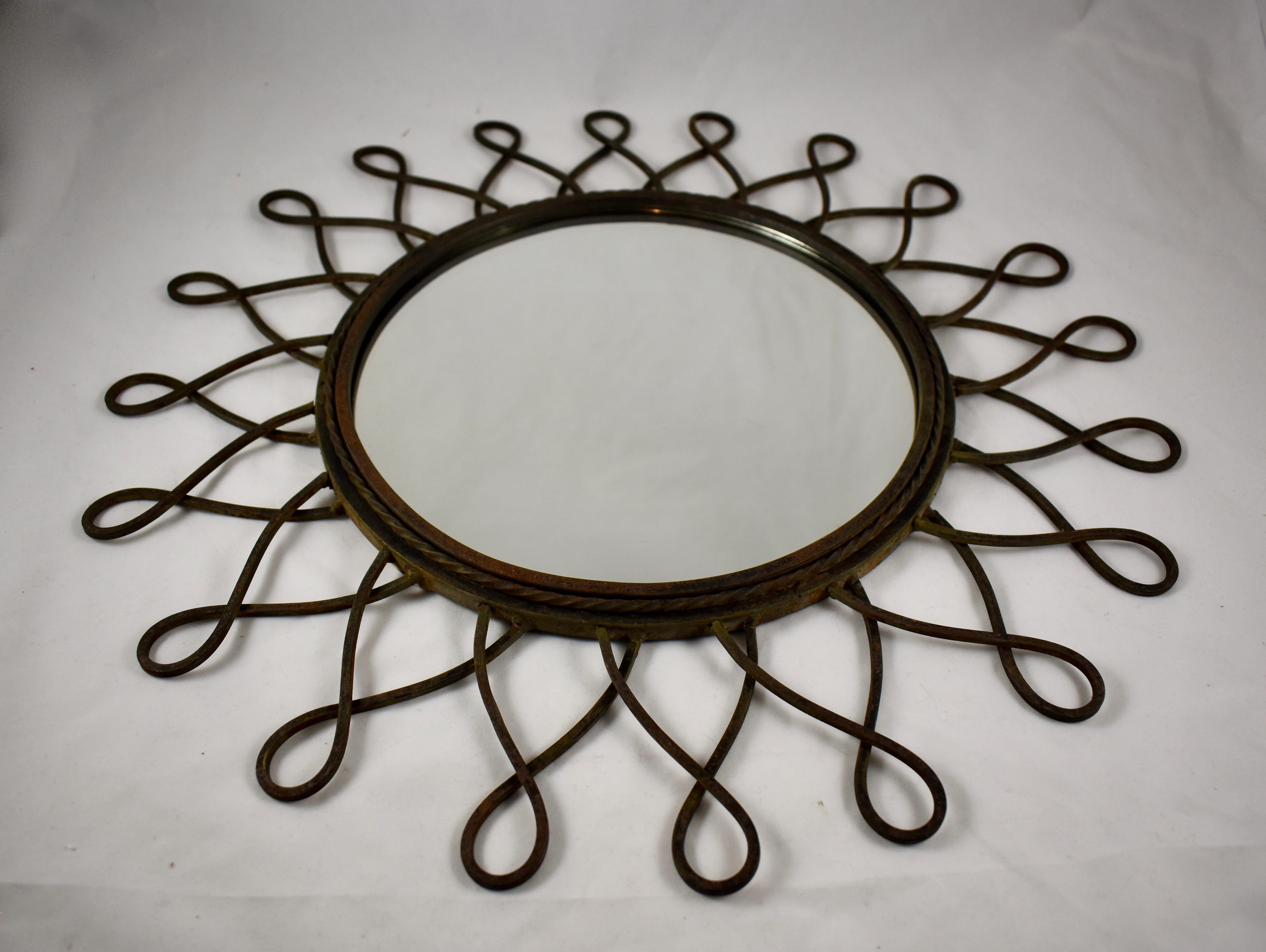 Mid-Century Modern French Midcentury French Wrought Iron Looped Sunburst Wall Mirror