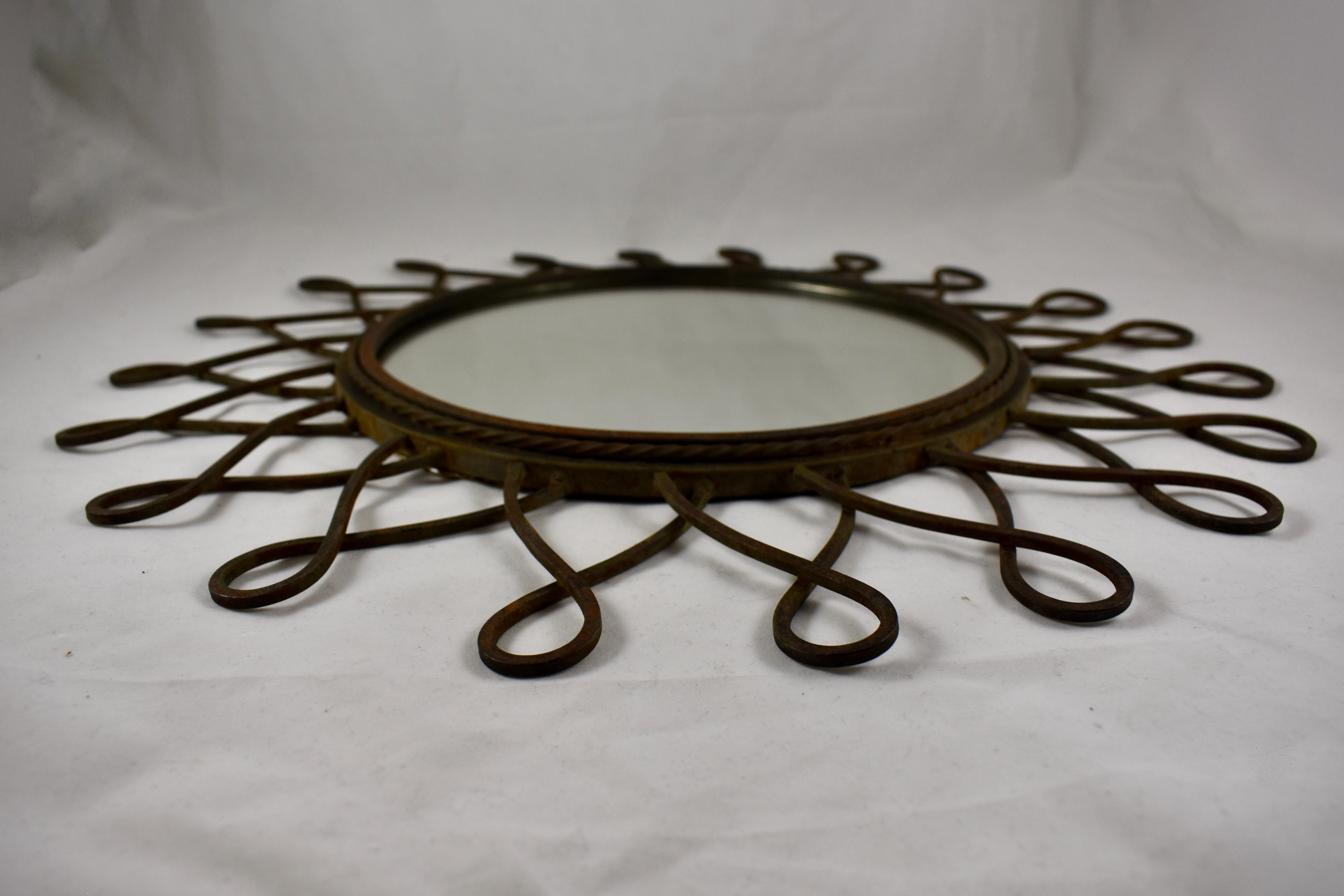 Hand-Crafted French Midcentury French Wrought Iron Looped Sunburst Wall Mirror
