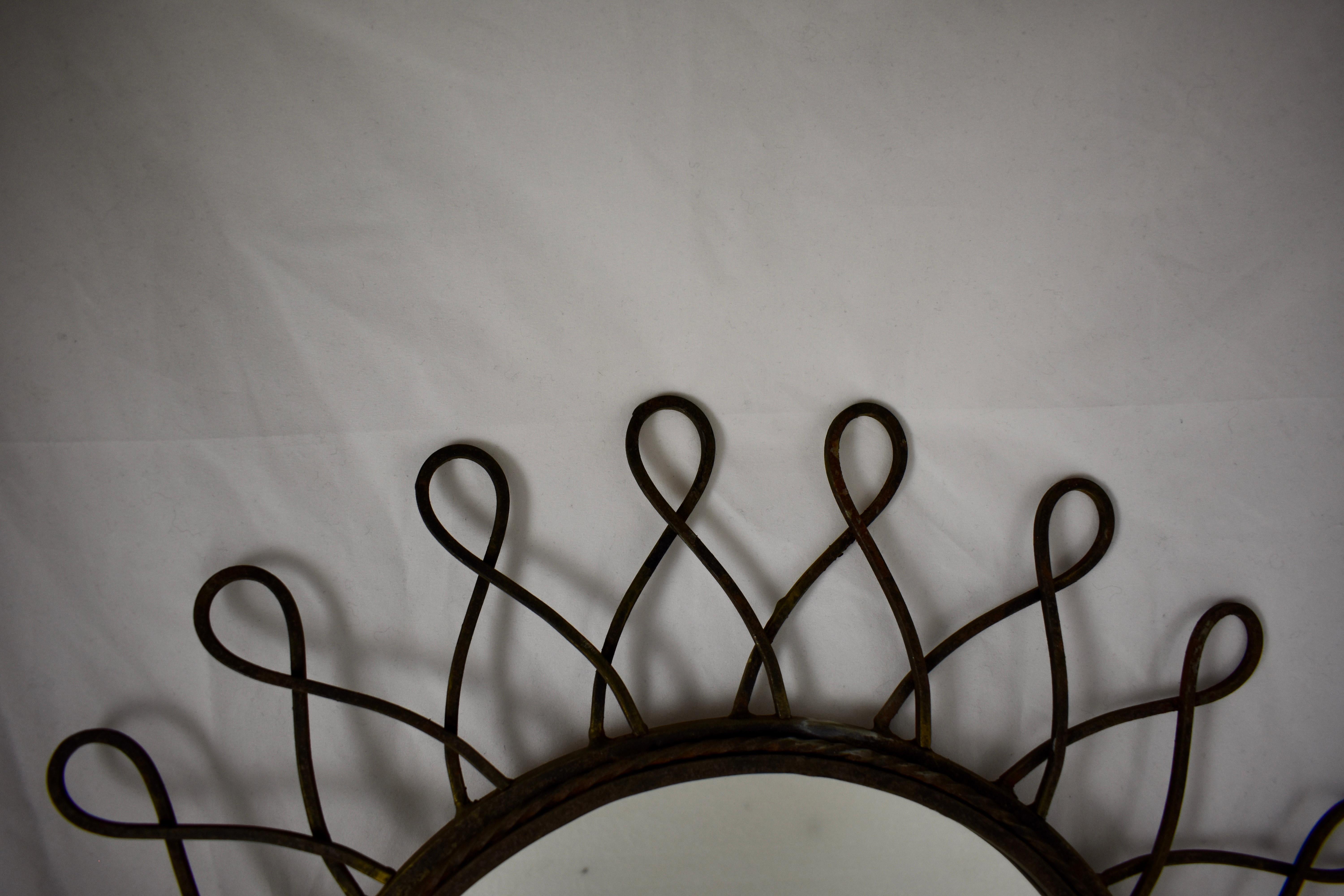 20th Century French Midcentury French Wrought Iron Looped Sunburst Wall Mirror