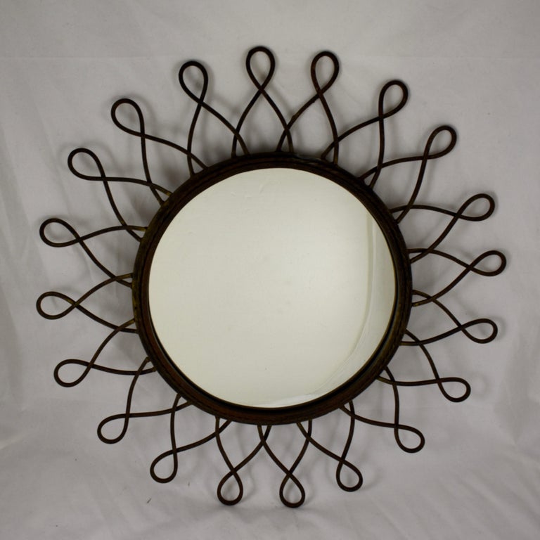 French Mid Century Wrought Iron Looped Sunburst Wall Mirror