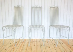 French Mid Century Garden Chairs Scrolled Wrought Iron Strap Set of 3 Grey 1950s
