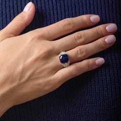 French Mid Century GIA 9.89 Ceylon sapphire diamond 18k white gold ring