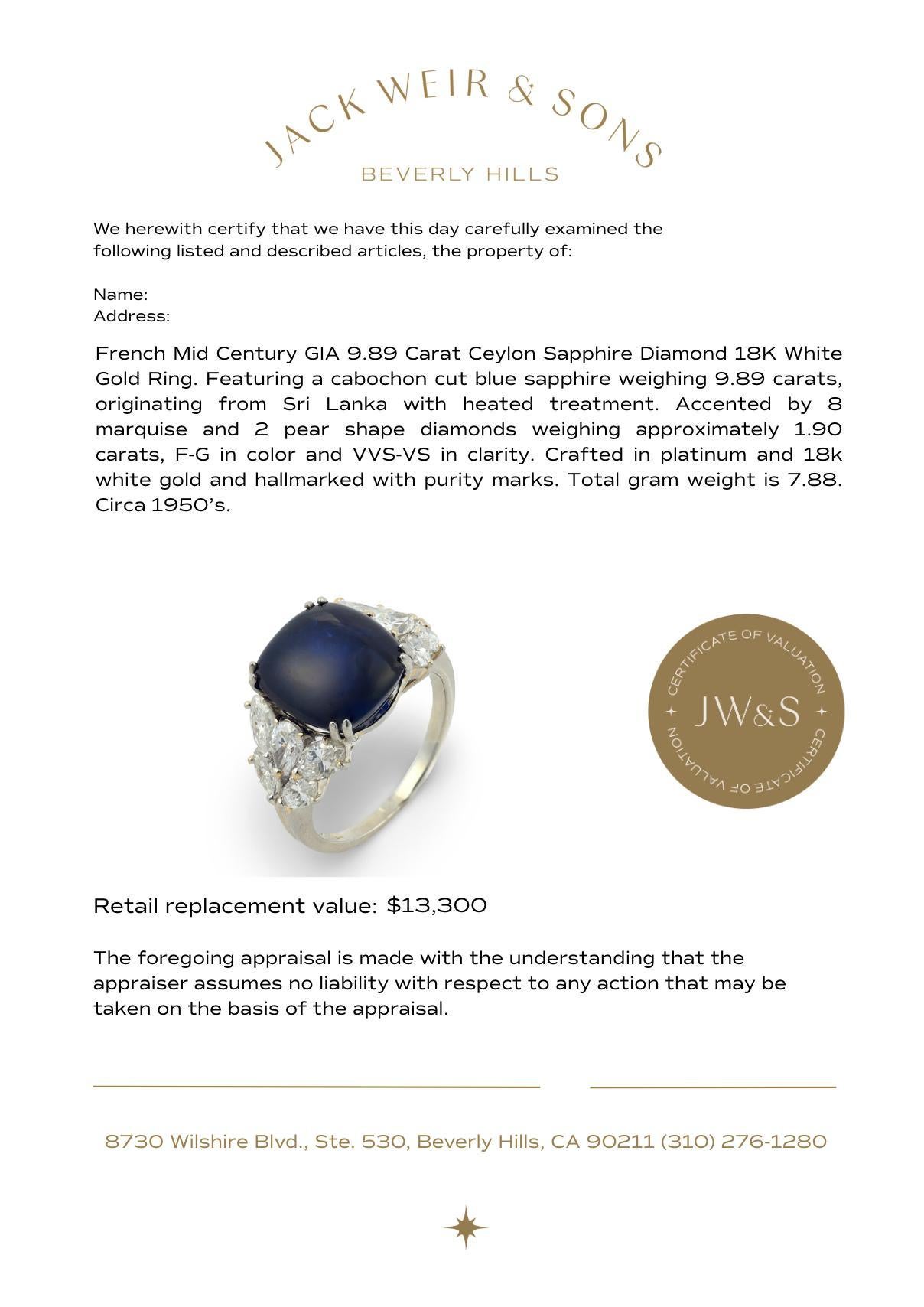 Französischer Mid Century GIA 9.89 Ceylon Saphir Diamant 18k Weißgold Ring im Angebot 2