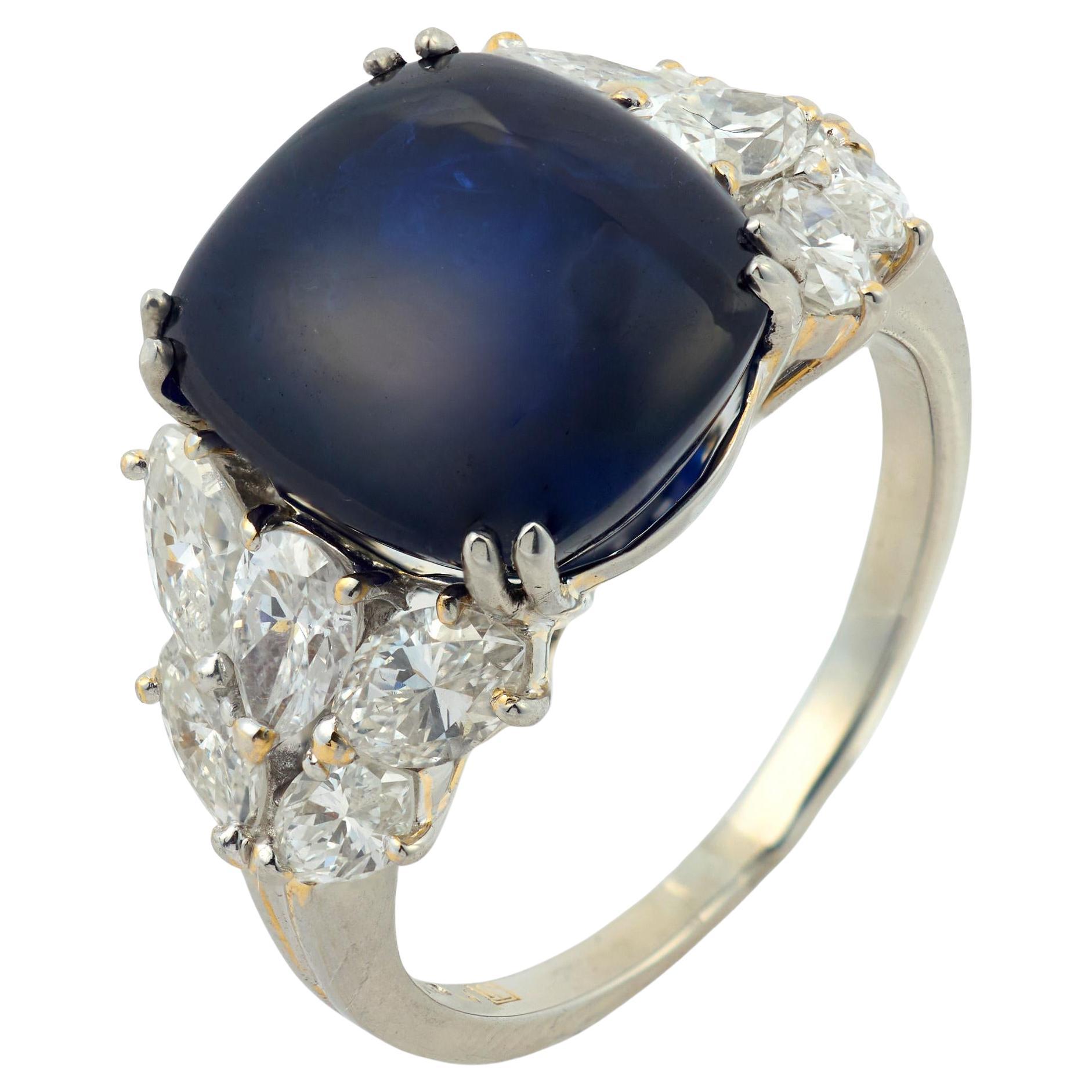 Bague française du milieu du siècle GIA 9.89 saphir de Ceylan diamant or blanc 18k