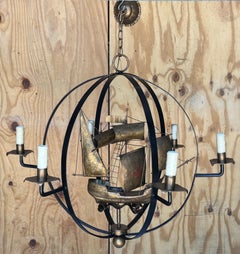 French Mid-Century Gilded Tole 6-Light Orb Chandelier with Nautical Galleon Ship