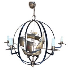 French Mid-Century Gilded Tole 6-Light Orb Chandelier with Nautical Galleon Ship