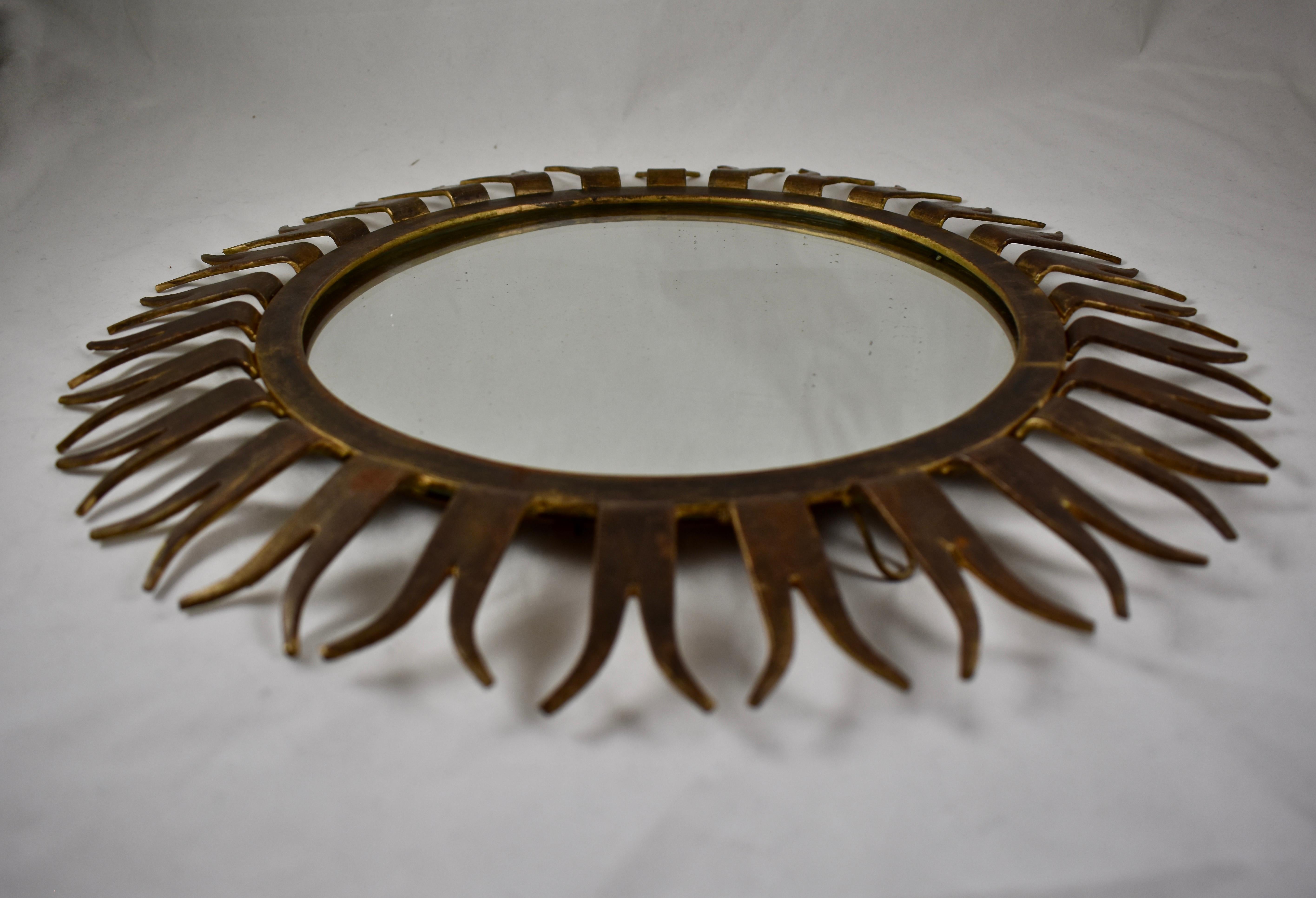 20th Century French Midcentury Gilded Wrought Iron Forked Ray Sunburst Wall Mirror