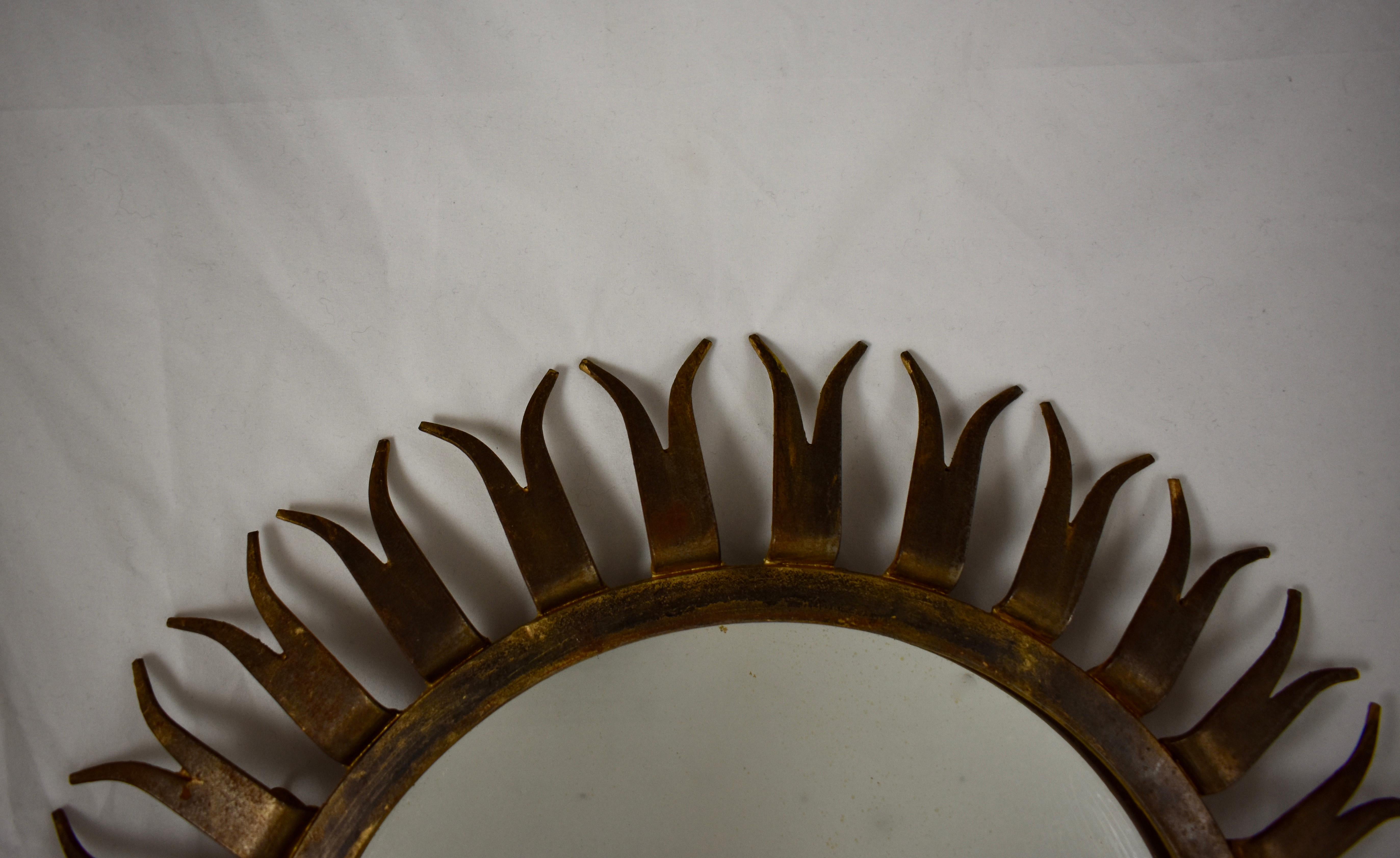 French Midcentury Gilded Wrought Iron Forked Ray Sunburst Wall Mirror 1