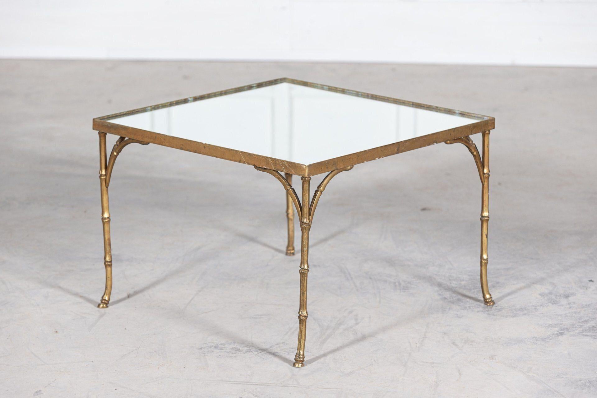 French Mid Century Gilt Bronze Faux Bamboo Mirror Top Side Table For Sale 6
