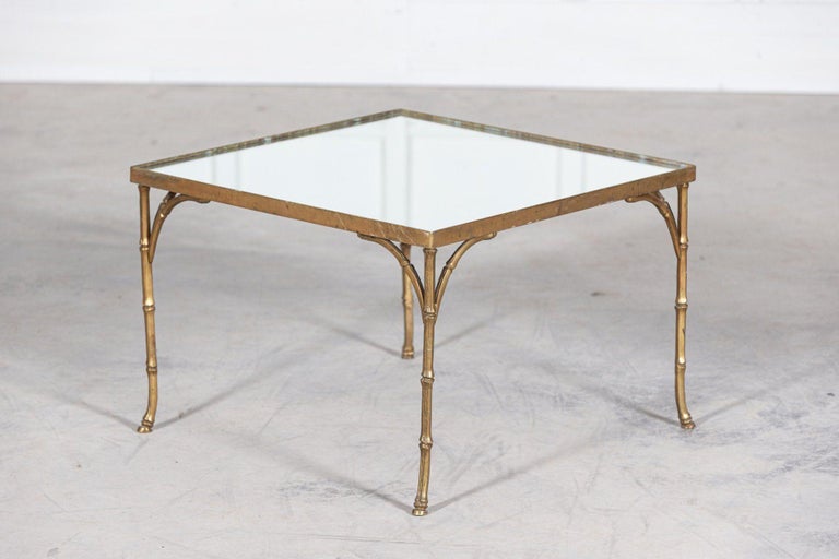 French Mid Century Gilt Bronze Faux Bamboo Mirror Top Side Table For