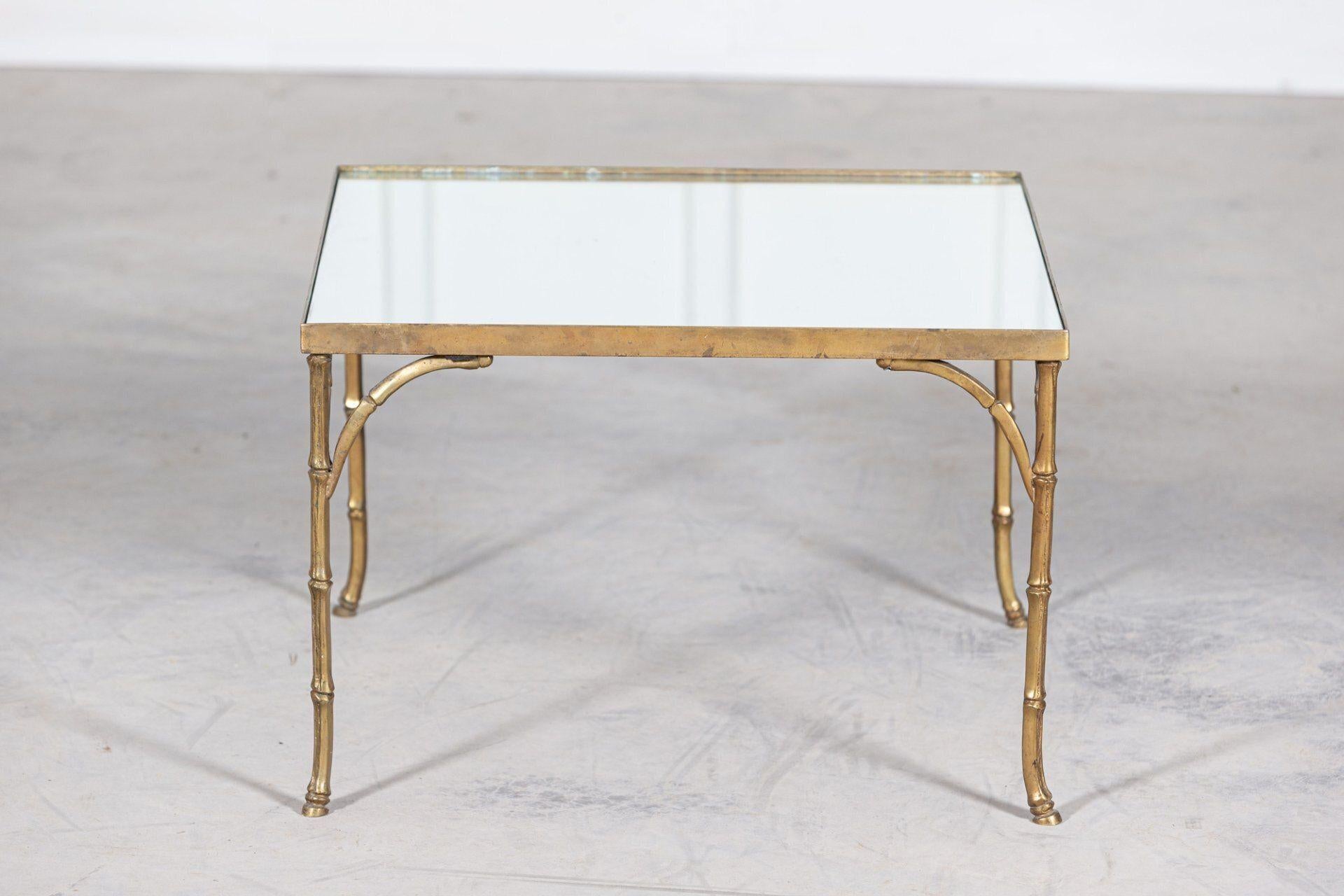 French Mid Century Gilt Bronze Faux Bamboo Mirror Top Side Table For Sale 2