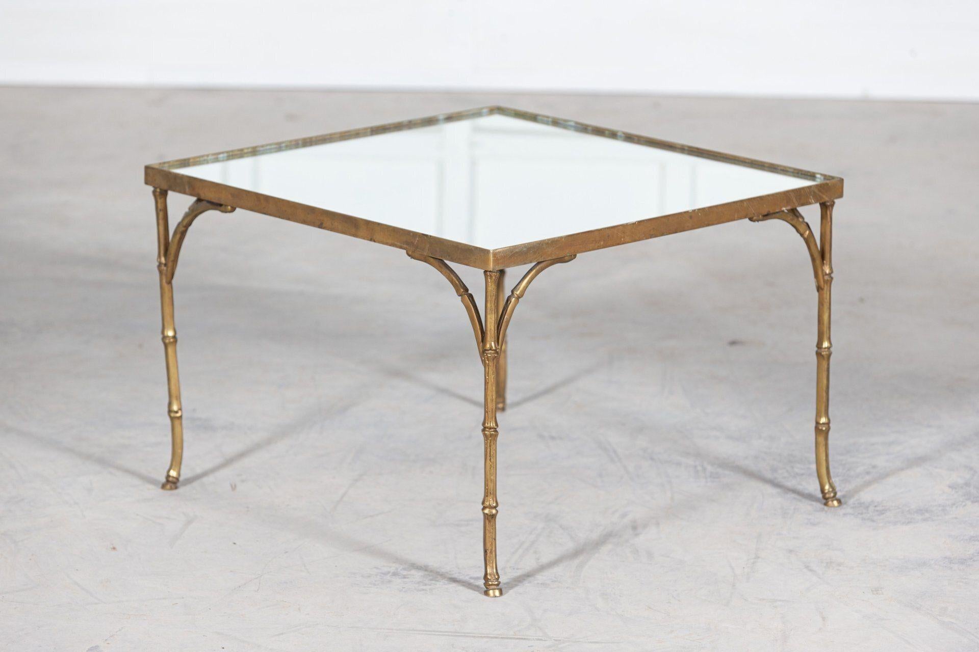 French Mid Century Gilt Bronze Faux Bamboo Mirror Top Side Table For Sale 4