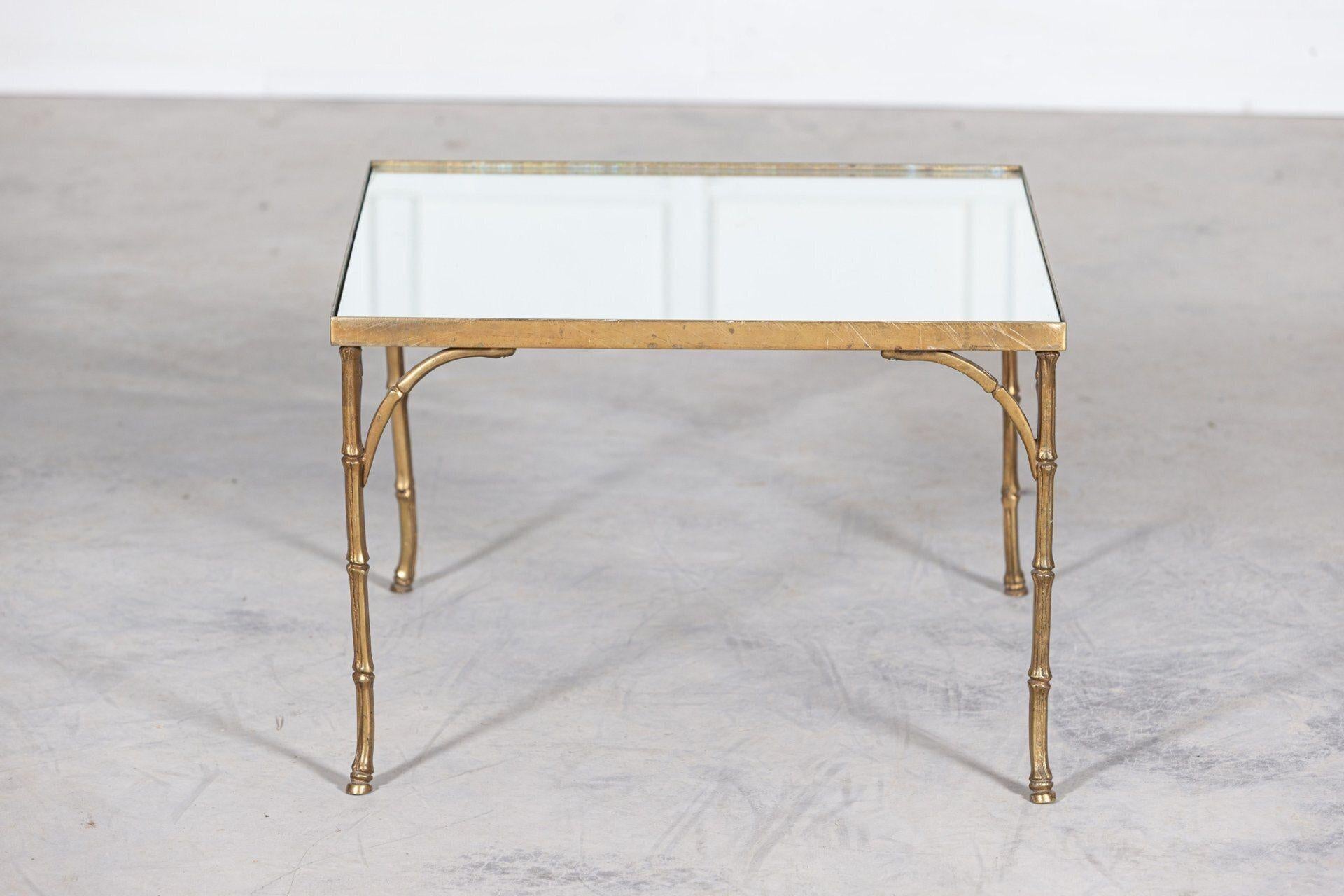 French Mid Century Gilt Bronze Faux Bamboo Mirror Top Side Table For Sale 5