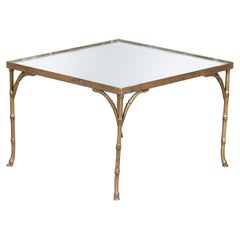French Mid Century Gilt Bronze Faux Bamboo Mirror Top Side Table