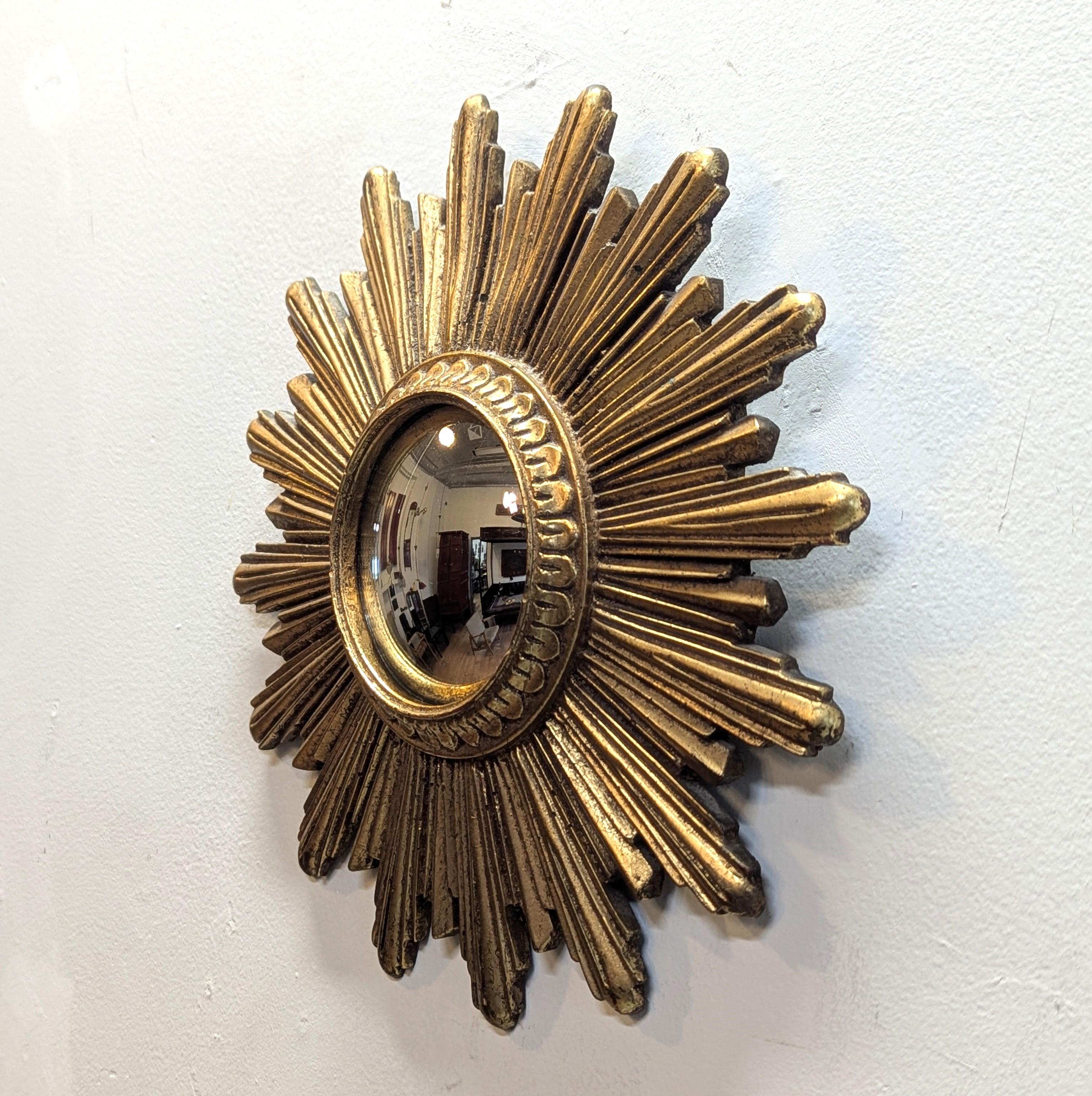 Francese French Mid Century Gilt Convex Sunburst Mirror in vendita
