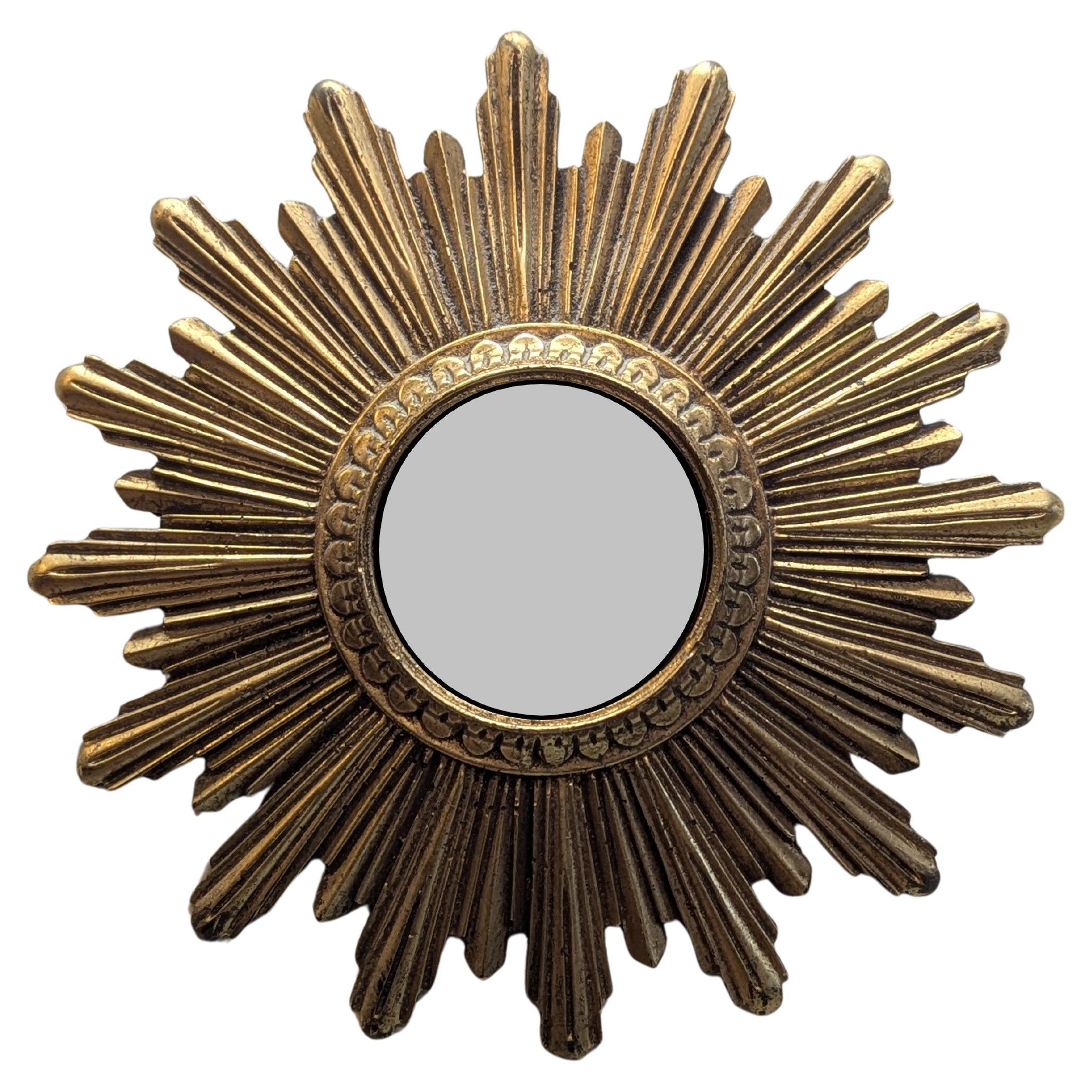 French Mid Century Gilt Convex Sunburst Mirror