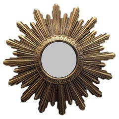 French Mid Century Gilt Convex Sunburst Mirror