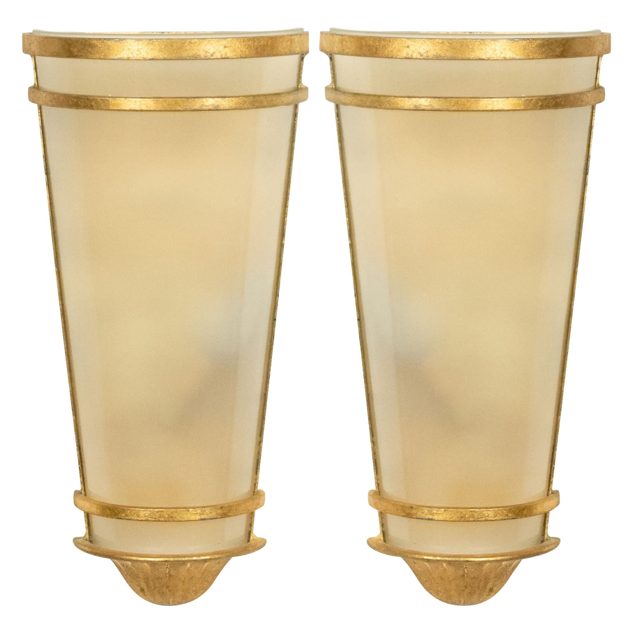 French Mid-Century Gilt Metal and Glass Wall Sconces
