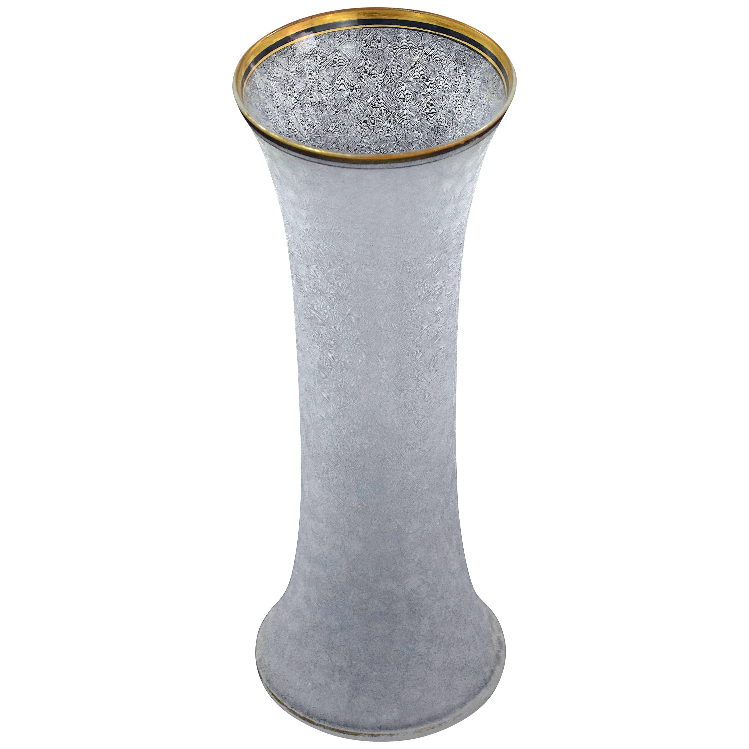 20th century French vintage glass vase composed of intricate glass etchings allover and a delicate gold trim,
France, circa 1960s.

-----------------------
Spirit Gallery presents a harmonious mix of iconic and engaging 20th century pieces and