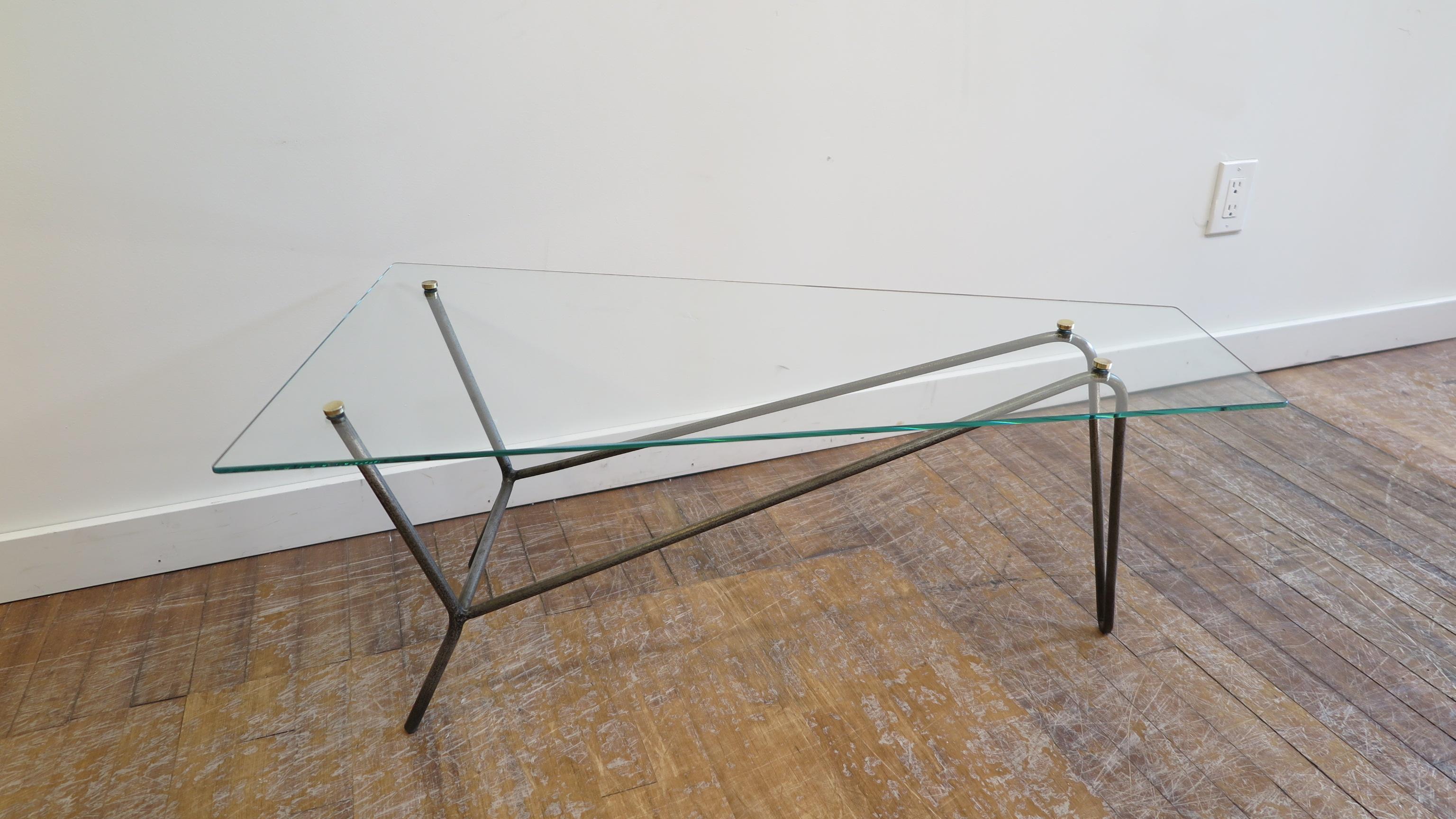 Brass French Midcentury Glass Cocktail Table in the Style of Mathieu Mategot