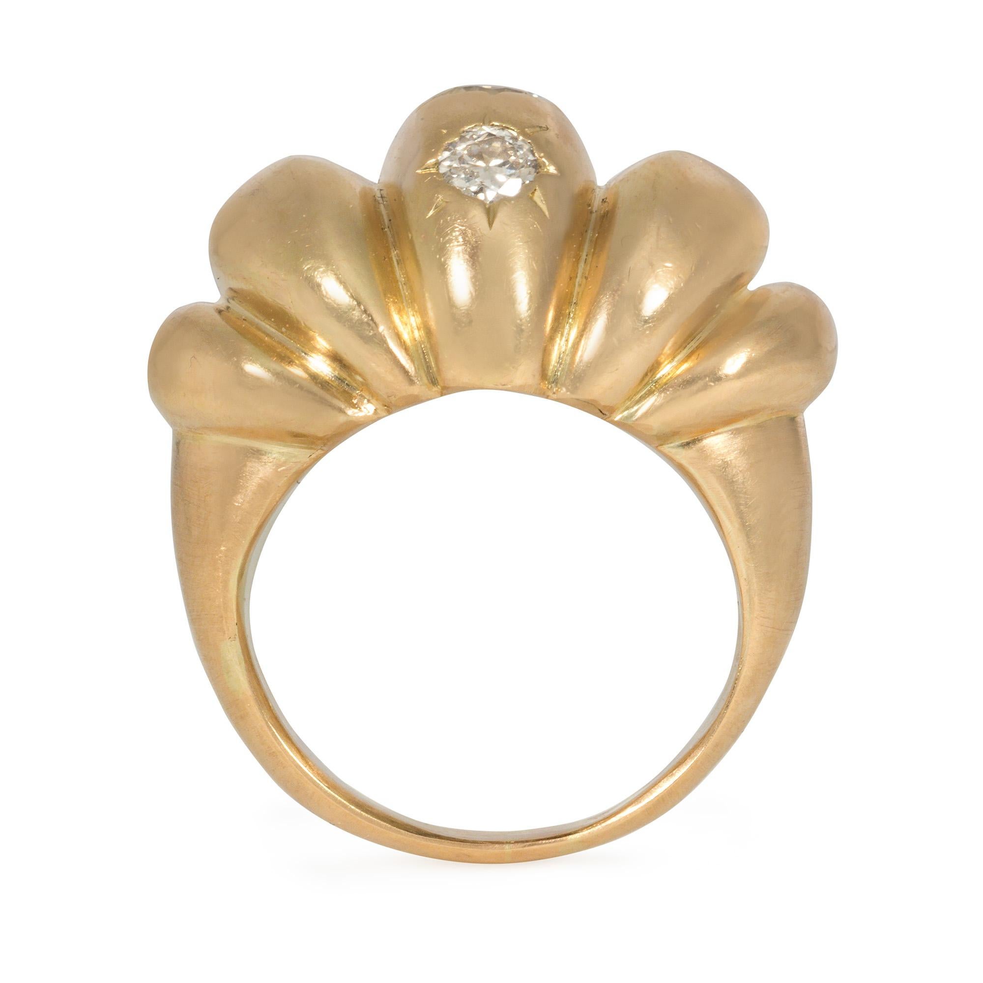 Modern French Mid-Century Gold and Diamond Bombé Cocktail Ring For Sale