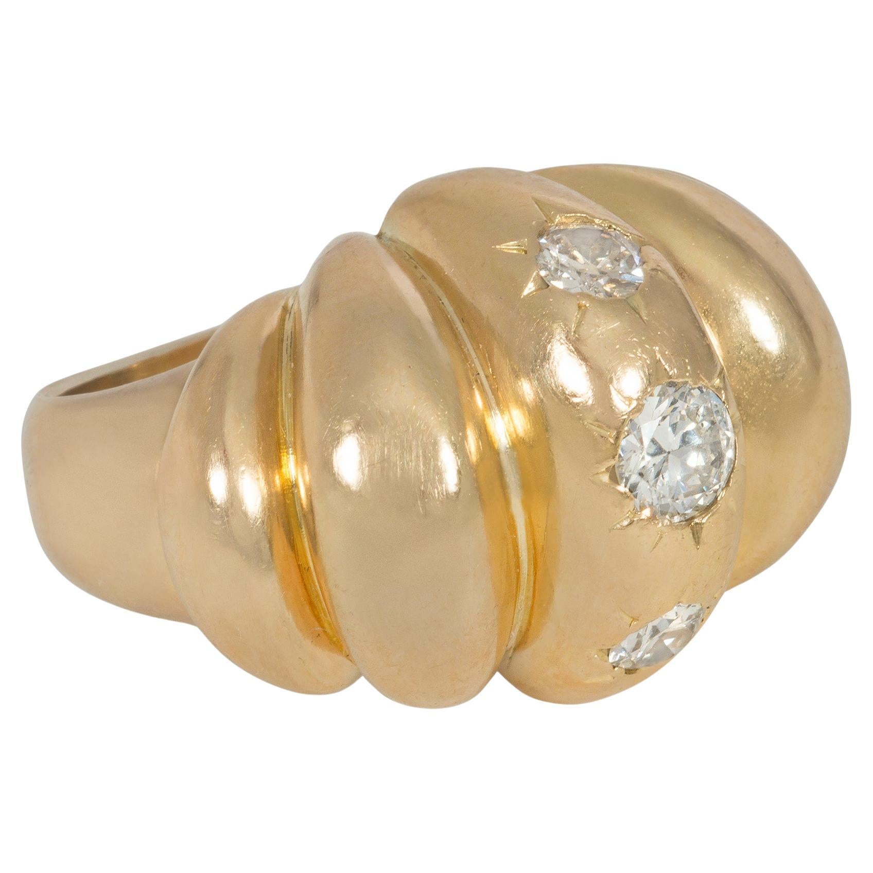 French Mid-Century Gold and Diamond Bombé Cocktail Ring