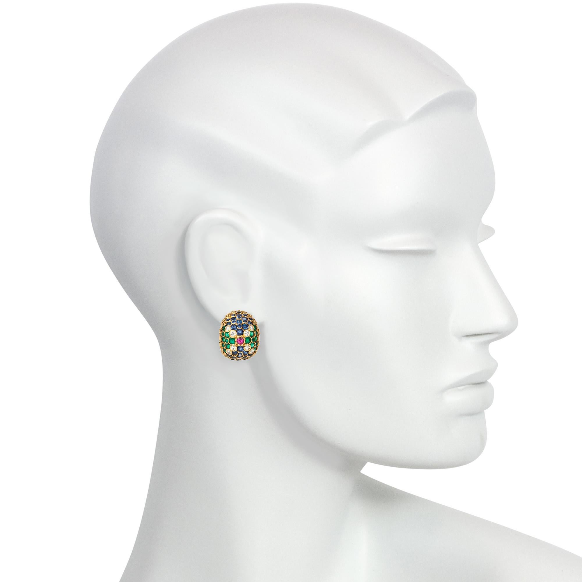 Round Cut French Mid-Century Gold and Multi-Gemstone Bombé Clip Earrings For Sale
